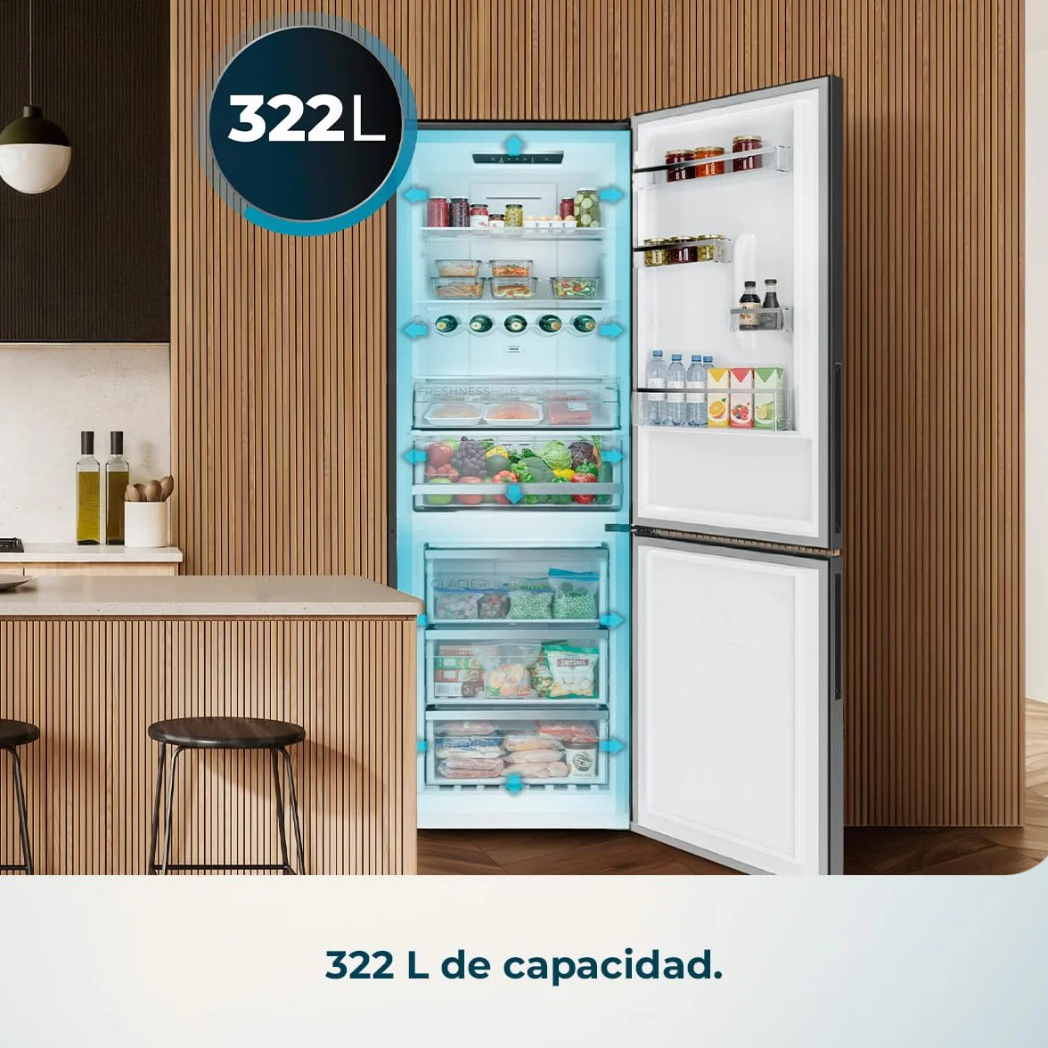 Cecotec Frigorífico Combi Total No Frost de 322L Bolero CoolMarket Combi 322i WD Inox E. 185,5 cm de Alto, 59,5 cm de Ancho, Clase E, Tecnología Multi Airflow, HumidityFlex HUB, LED Interior, Inox