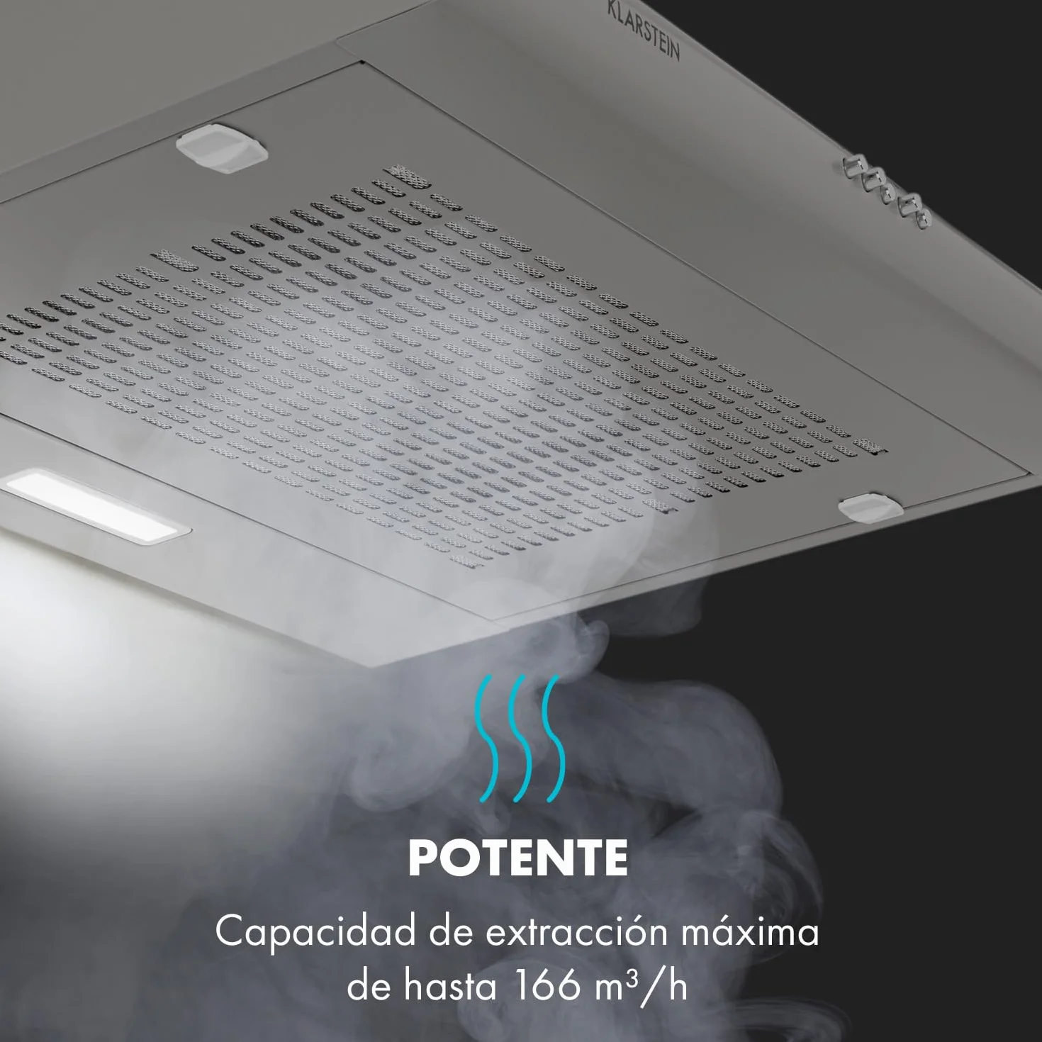 Klarstein Capannina - Campana extractora encastrable, Potencia extracción 166m³/h, 60cm, 3 potencias, EEC C, Panel de control, Filtro grasa de aluminio, Iluminación LED, Acero inoxidable, Plateado