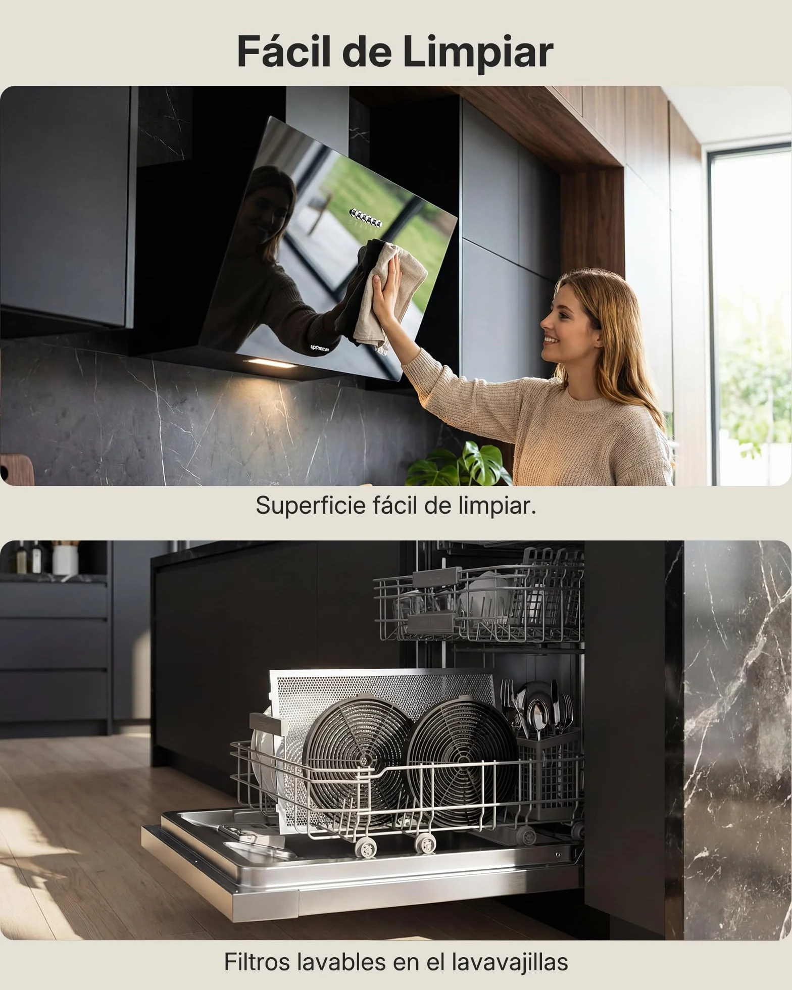 Upstreman Campana Extractora 60 cm, A+++, 56 dB, Diseño Inclinado | 3 vel (324 m³/h), bajo consumo 7 kWh, evita golpes, visión despejada, filtros carbón, LED, filtro lavable, cristal templado