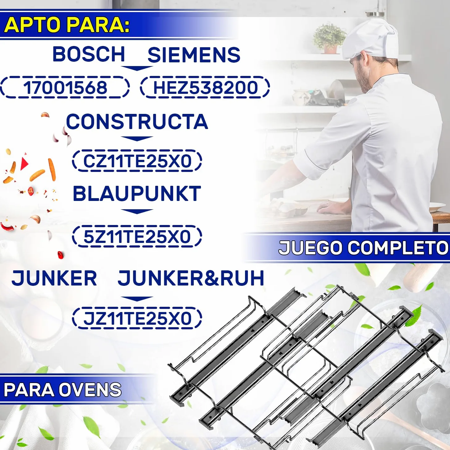 2x Rieles Telescópicos Horno 2 Niveaux HZ538200 para Bosch para Siemens | 17001568 CZ11TE25X0 para Constructa JZ11TE25X0 para Junker - Garantía de 10 Años - MONTERAL