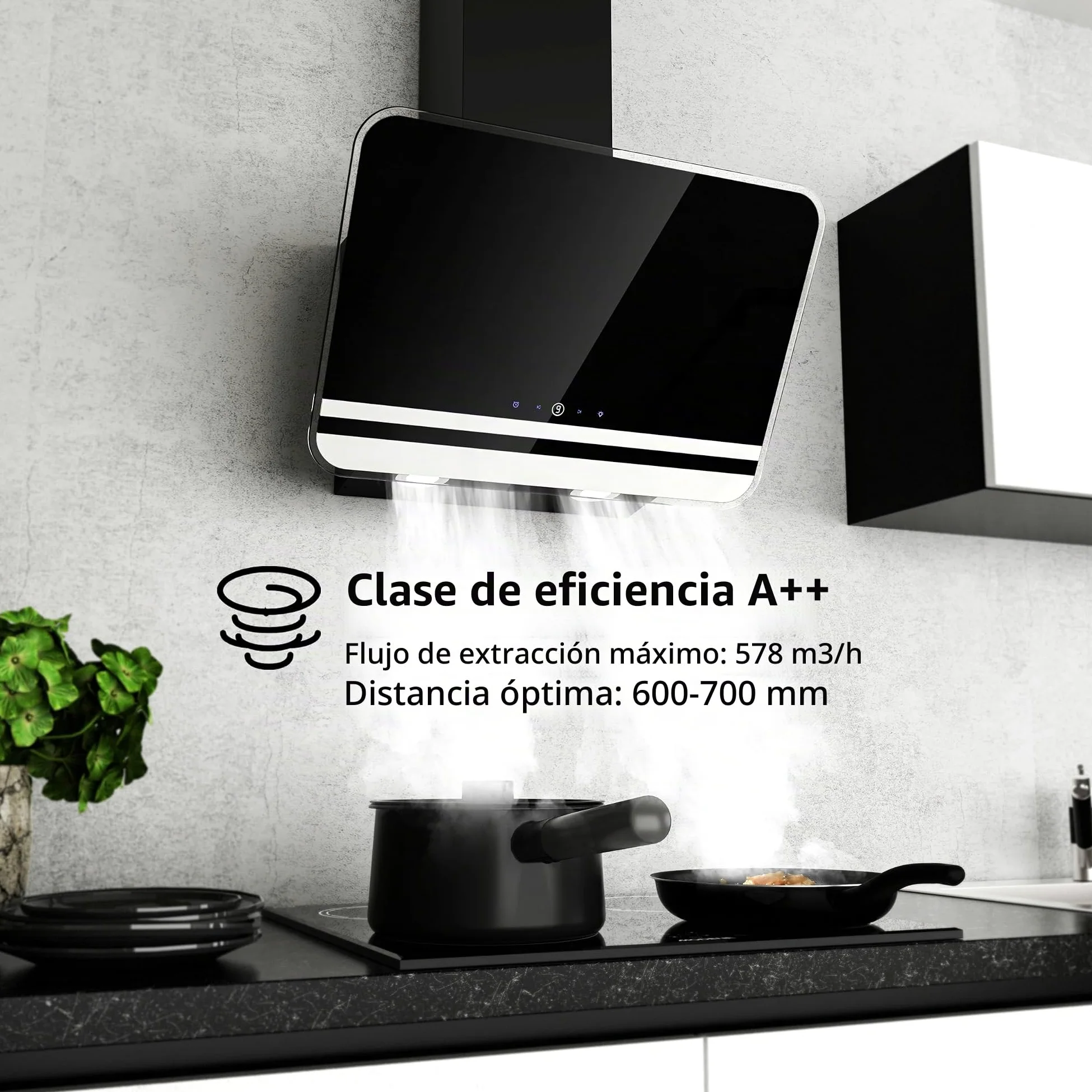 FIREGAS Campana extractora 60cm, Extractor inclinado, Motor sin escobillas, Bajo Consumo, 9 velocidades, 578m³/h, LEDs, Recirculante y Extracción, Incluye filtro de carbón