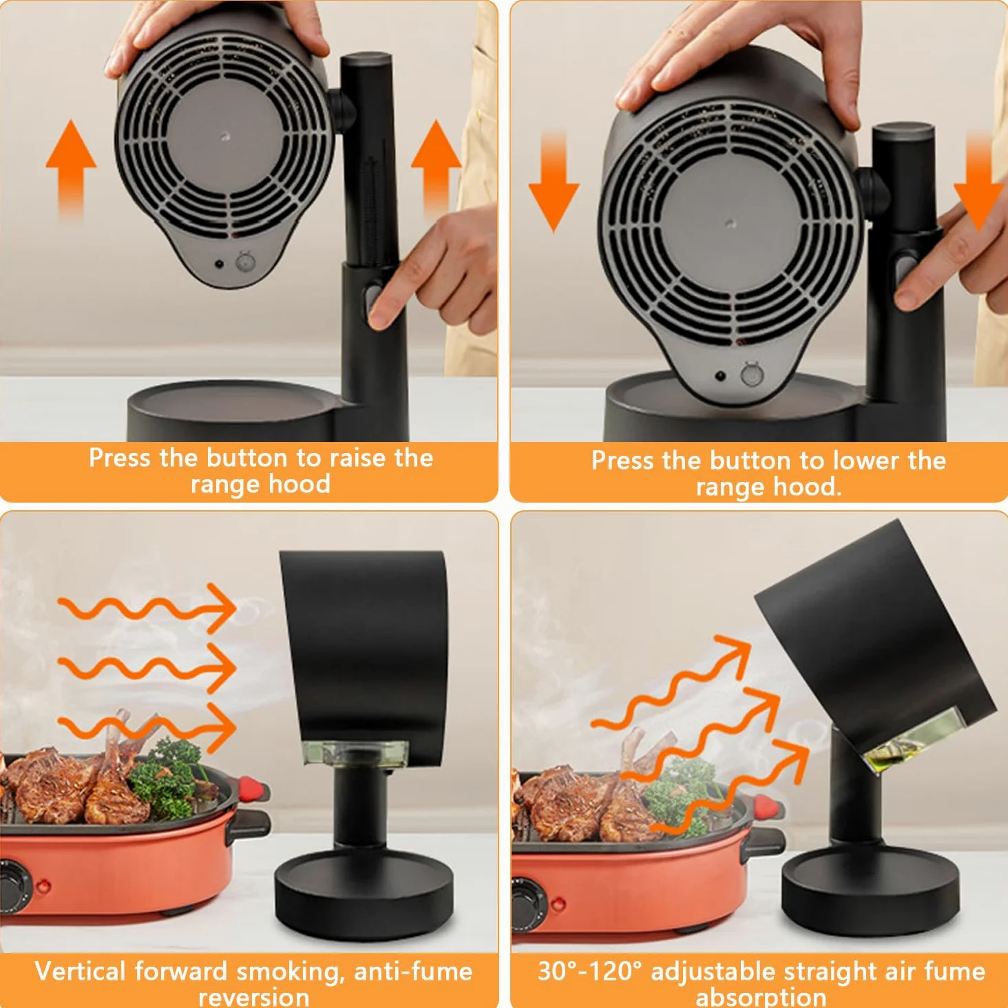 Campana extractora de mesa, campana extractora portátil con caja de recogida de aceite y filtro extraíble, altura y ángulo y 3 velocidades ajustables, 3600 rpm de velocidad máxima para camping