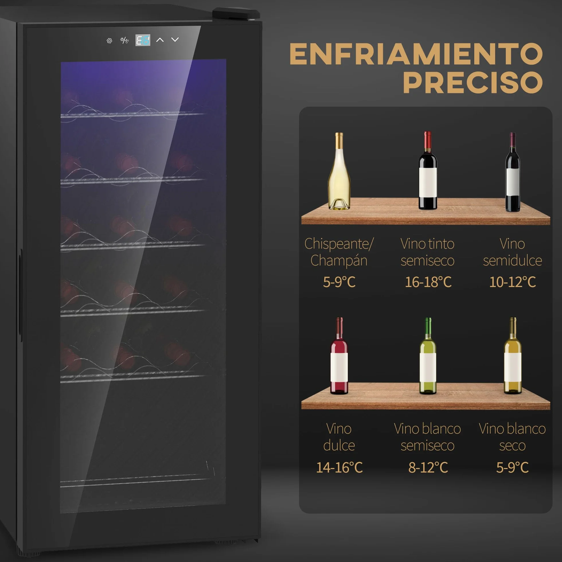 HOMCOM Nevera Vinos 18 Botellas 50L Vinoteca con Luz LED Interior Pantalla LED Táctil Digital Control de Temperatura Puerta de Vidrio Anti-UV y 5 Estantes de Metal Negro