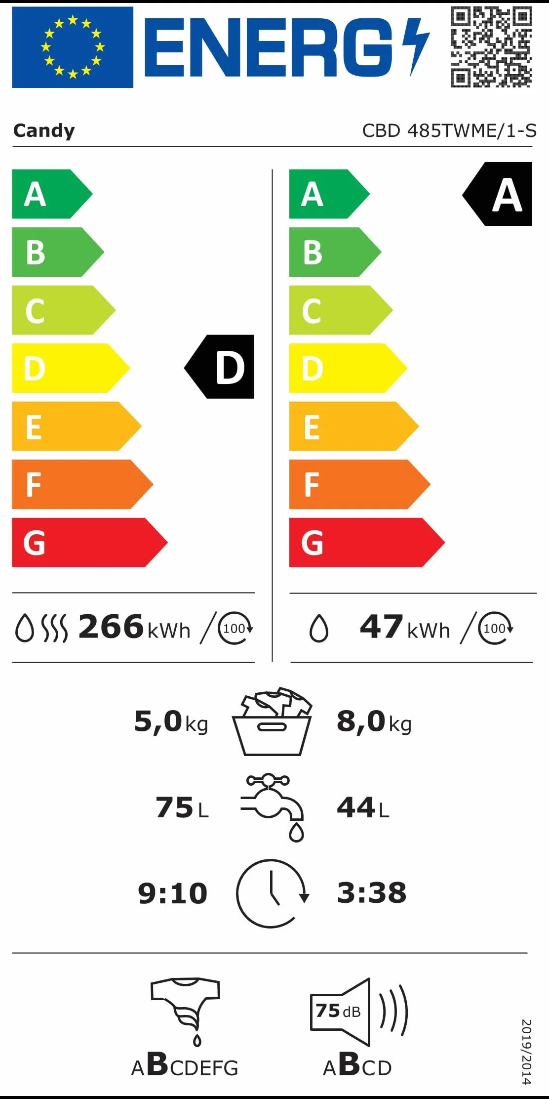 Candy Smart Inverter CBD 485TWME/1-S, Lavasecadora Integrable, 8KG + 5KG, 1400RPM, 7 Ciclos Rápidos, Mix Power System, Certificado Lana, Selección Nivel Secado, Inicio Diferido 24H, Blanco