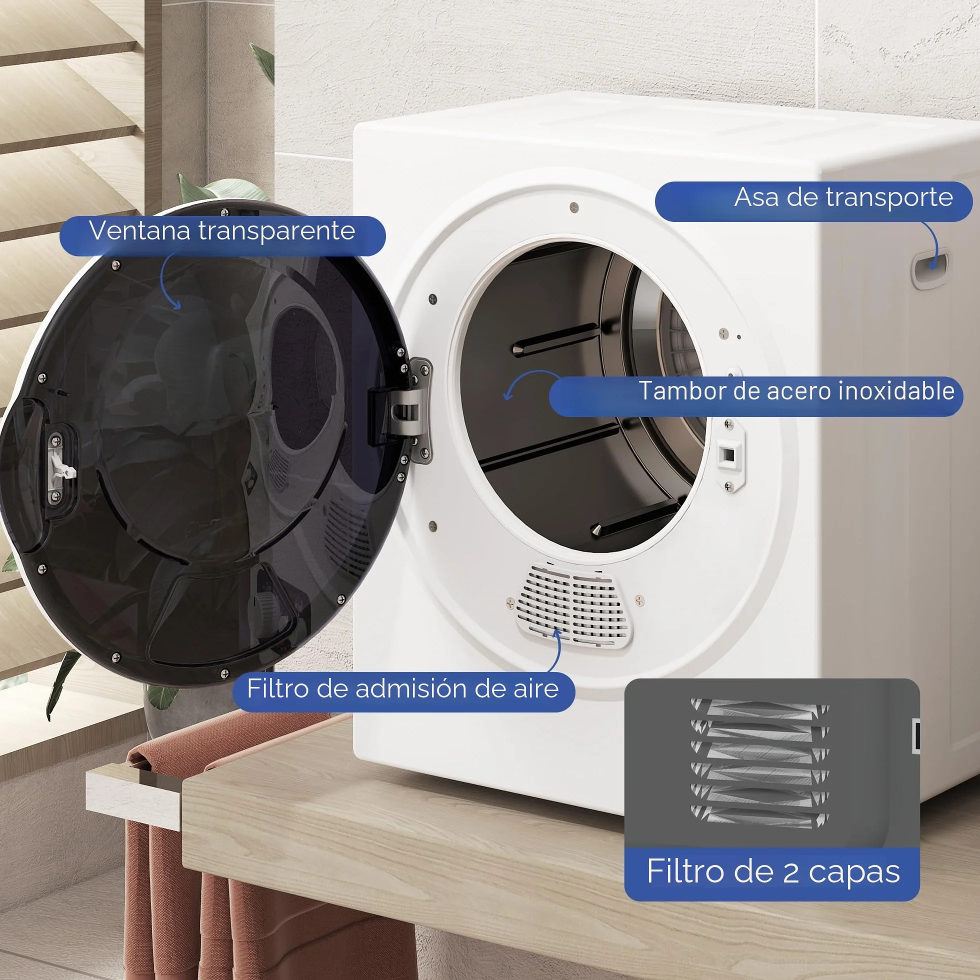 HOMCOM Secadora portátil con tubo de evacuación, secadora eléctrica 850 W, 4 Kg, 4 modos de secado, 2 niveles de calentamiento, tambor de acero inoxidable, instalación en pared, para apartamento