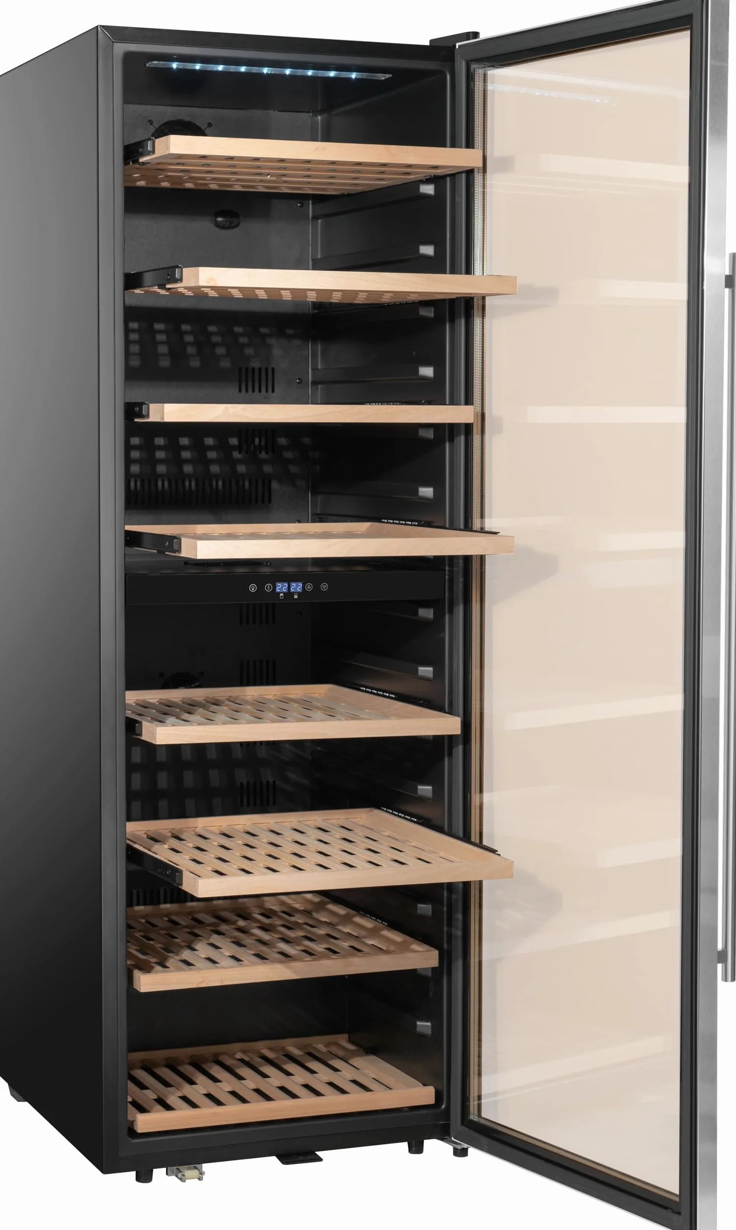 METRO Professional Vinoteca GWC1171D, acero inoxidable/vidrio, 8 estantes de madera, termostato digital, para 171 botellas de vino, con cerradura, negro/plateado