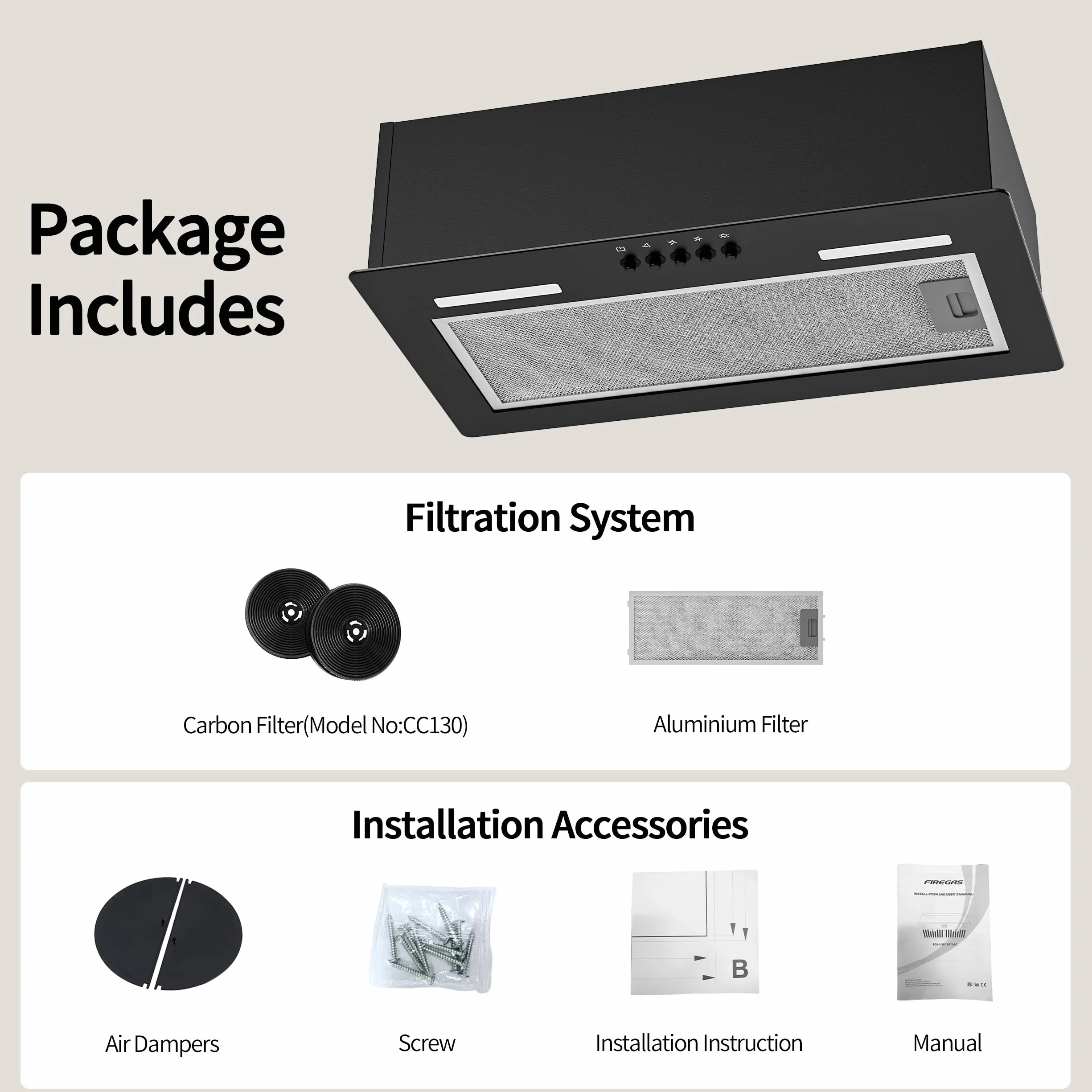 FIREGAS Campana Extractora Incorporada 52 cm,Campana de Cocina Negra con 3 Niveles de Potencia, 350 m³/h, Modo de Circulación de Aire, Filtro de Aluminio y Carbón