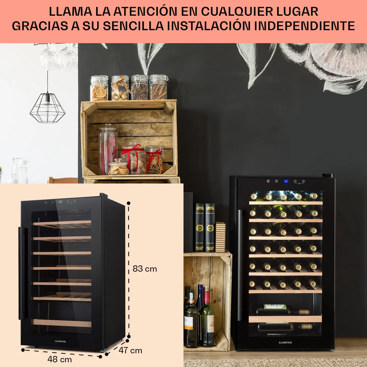 Klarstein Frigorífico para vino y bebidas, frigorífico estrecho de 1 zona, con puerta de cristal, refrigerador para bebidas independiente, frigorífico para vino pequeño, refrigerador de vino con