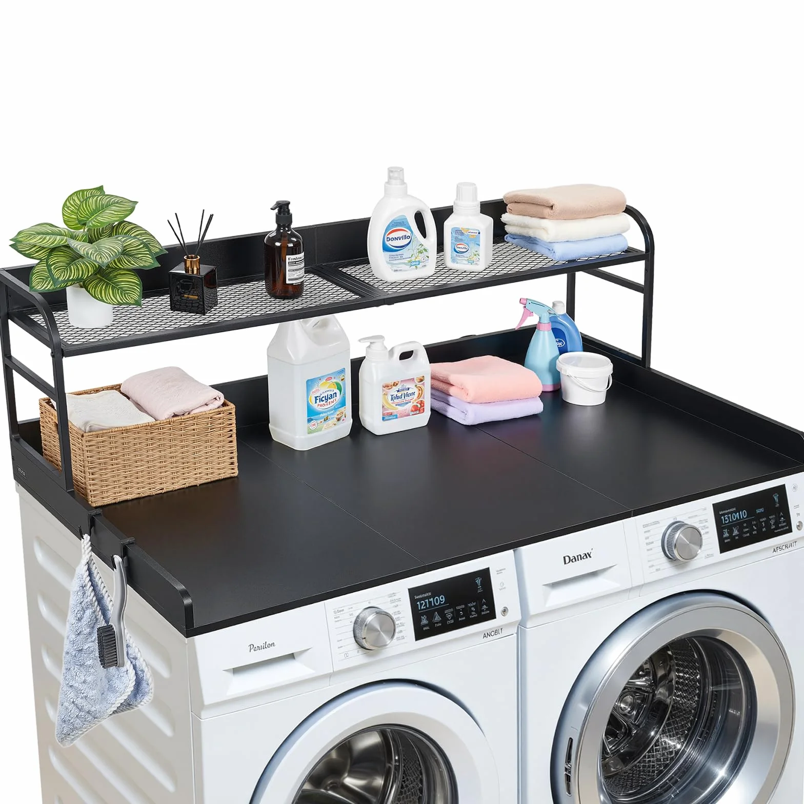 VEVOR Encimera para Lavadora y Secadora de Madera 137 x 69,9 cm, Cubierta Superior Soporta hasta 113 kg con Ganchos Laterales, Borde Elevado, Estante para Cocina Lavadero Baño Balcón, Color Negro