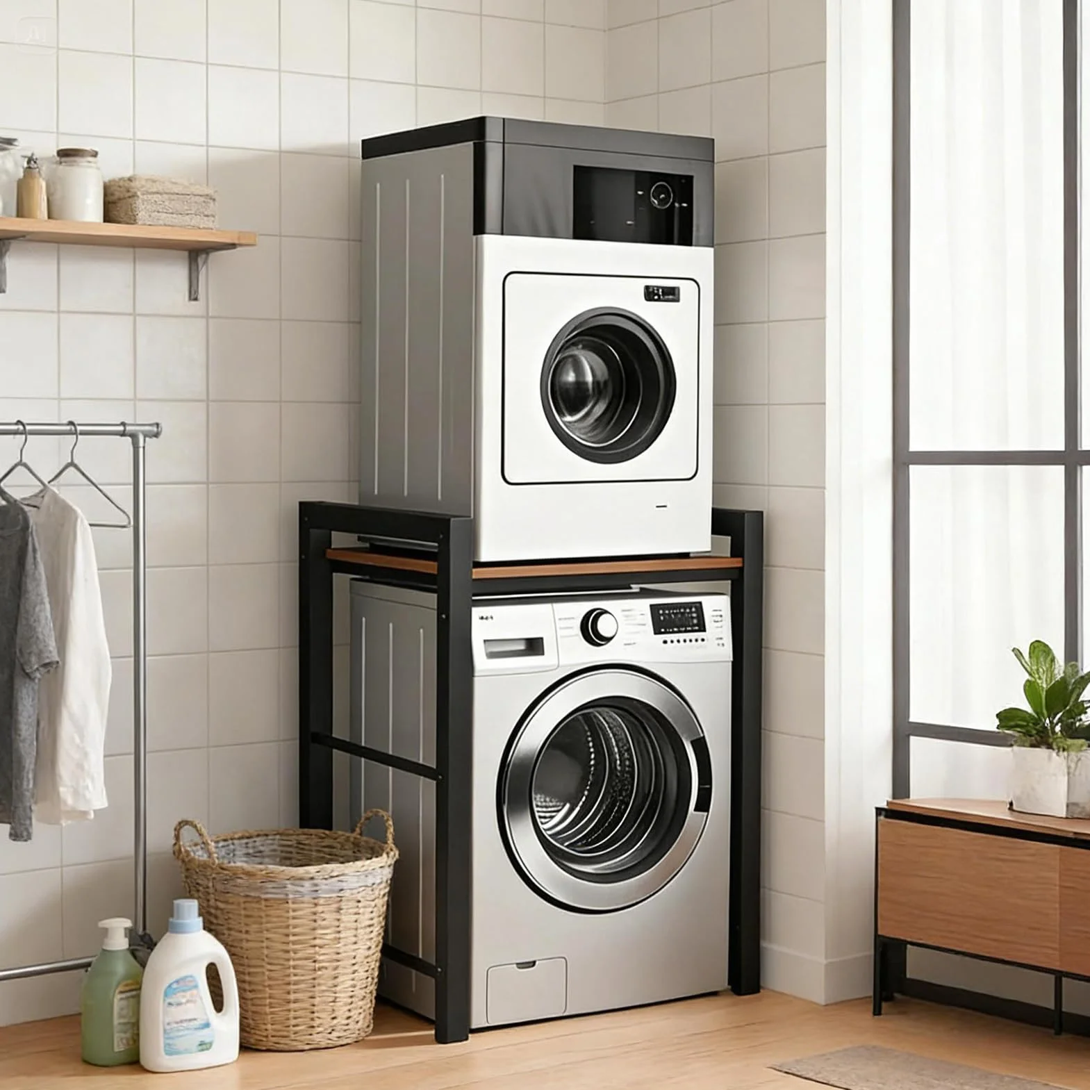 Estantería para lavadora y secadora, armario para lavadora, estante para lavadora, estantería para lavadora con 3 alturas ajustables para baño o balcón, capacidad de carga 350 kg, 75x67x105