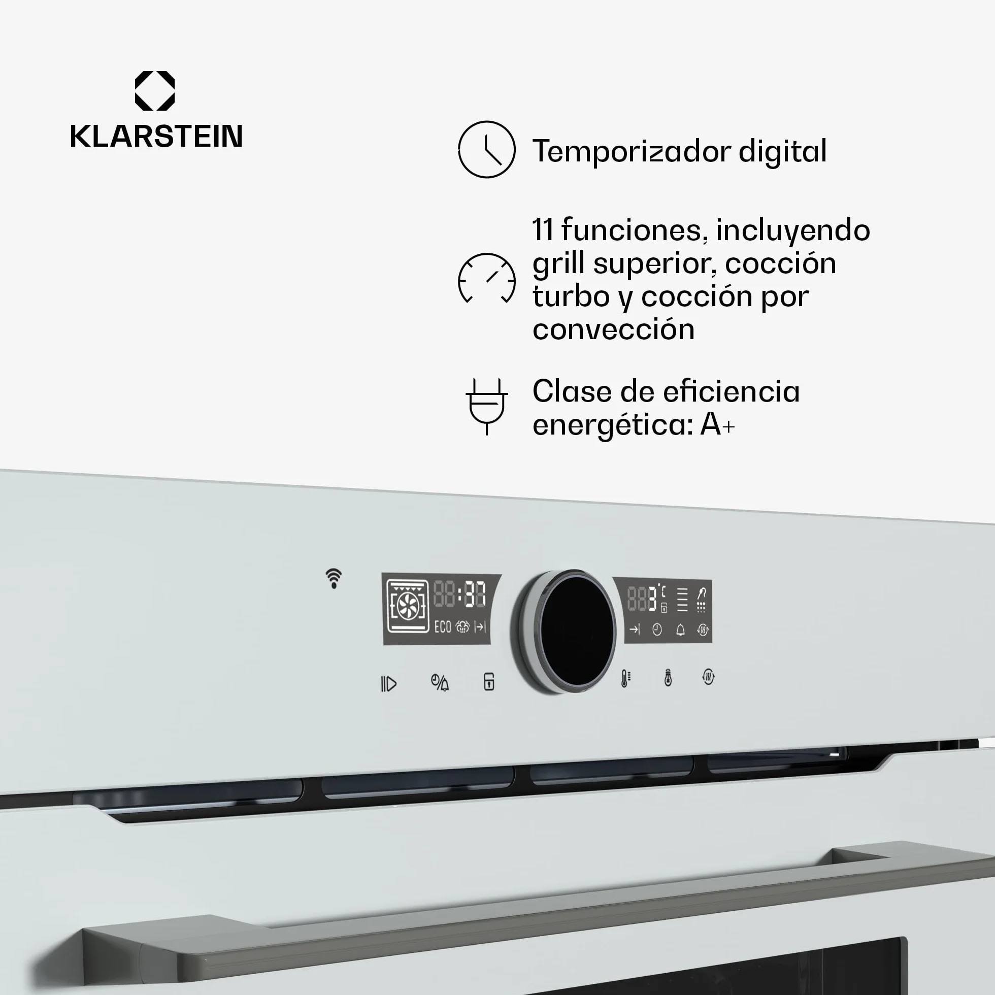Klarstein Illuminosa Smart Horno Eléctrico Empotrable - 73L, 11 Funciones, Control Wifi, Eficiencia Energética A+, Puerta de Triple Acristalamiento, Horno Multifunción Integrable