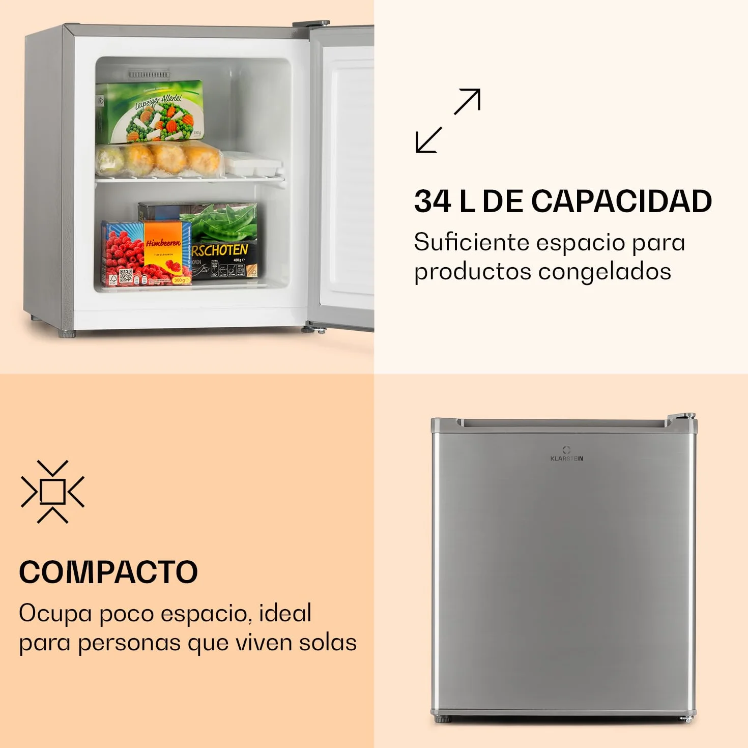 Klarstein Congelador Pequeño Vertical, Mini Congelador Portatil Silencioso para Casa y Oficina, Capacidad 33 l. con Estante, Eficiencia Energética, Estante, Dep. Hielos y Rascador