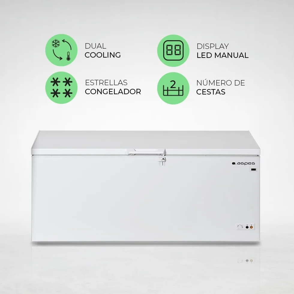 Aspes Congelador horizontal Blanco ACH6200EDC. Capacidad 600 Litros, Dual Cooling, 2 Cestas, Bajo nivel Sonoro, Eficiencia Energética Clase C