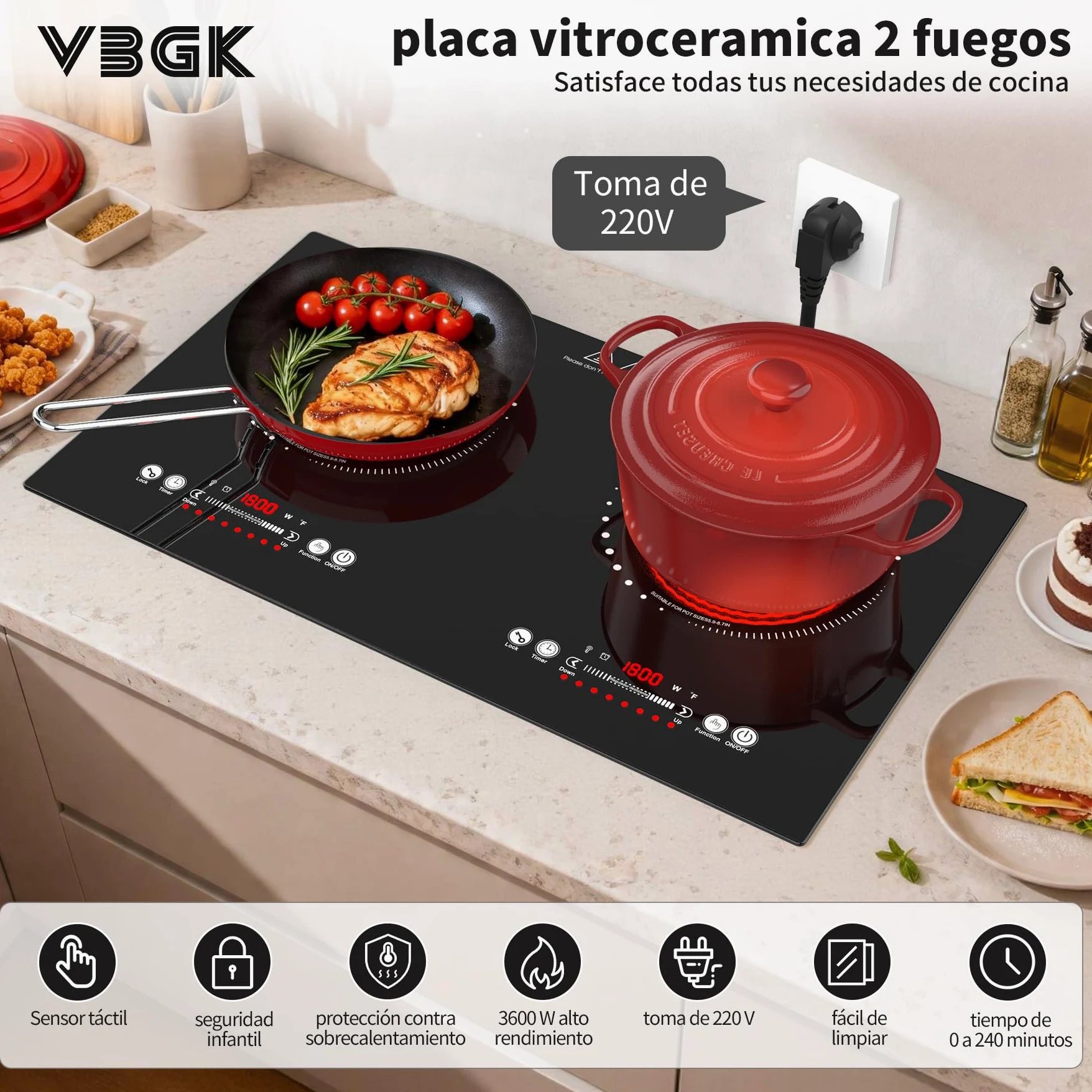 VBGK placa vitroceramica,220V 3600W placa de vitroceramica con Control táctil LED,9 niveles de potencia,Bloqueo para niños & Temporizador de 4 horas,Protección contra sobrecalentamiento de la estufa,