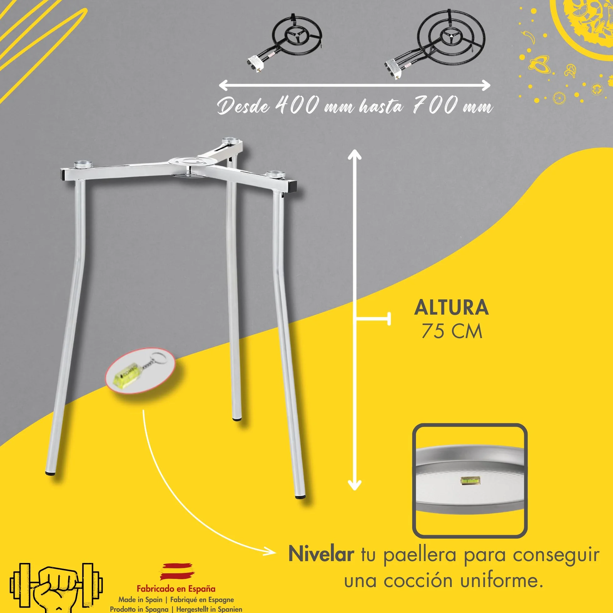COMBOI - Juego de 3 patas para quemador - paellero de gas, incluye libro de recetas digital, nivel e instrucciones de montaje, fabricado en España. (Trípode Regulable)