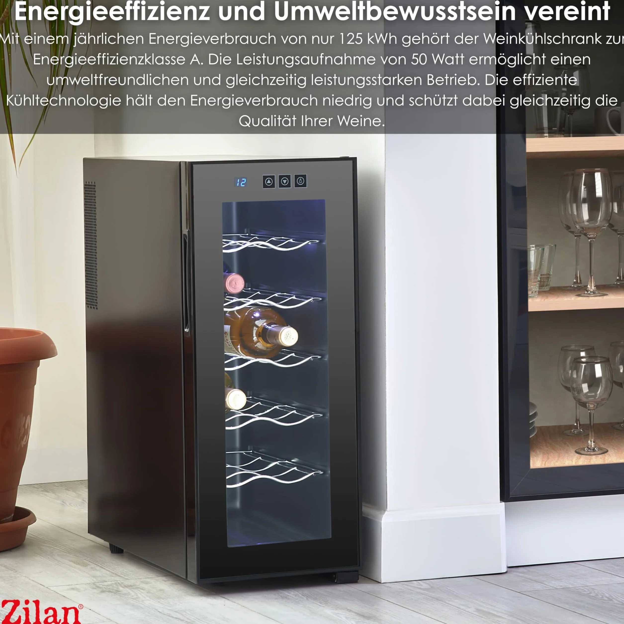Zilan Refrigerador para vino, independiente, silencioso, 12 botellas, 33 litros, luces LED, enfriador de vino, armario pequeño con clima de vino, mini nevera, minibar con puerta de cristal