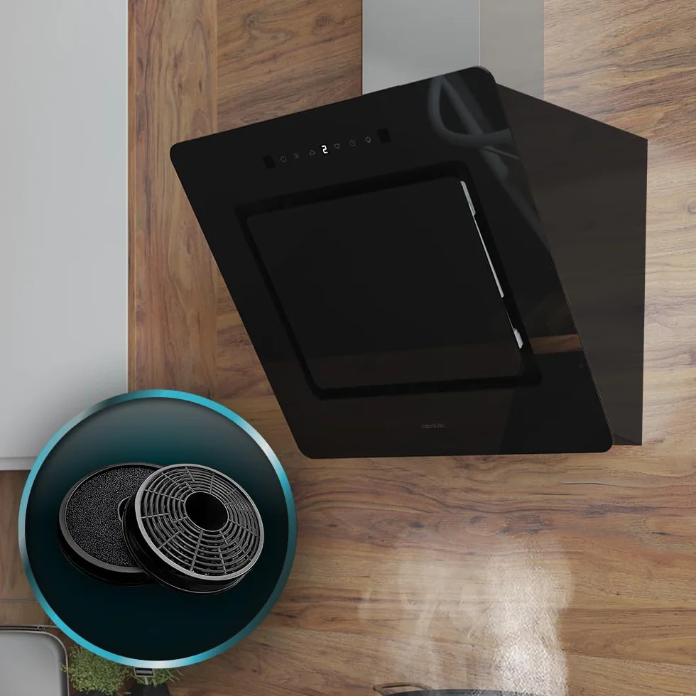 Cecotec Campana Extractora Decorativa 60 cm Bolero Flux DT 608002 Glass Black A++, 210W, Iluminación LED, Succión 800m3/h, Control Táctil, 3 Niveles, Filtro Carbono, Hand Movement, Delay Function