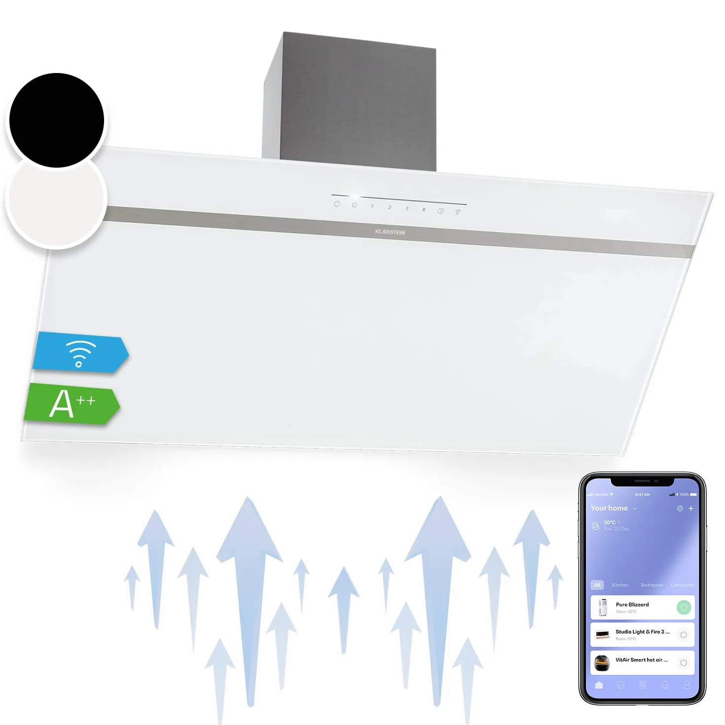 Klarstein Campana Extractora 90 cm, Campanas Extractoras, Extractor de Cocina con Filtro Anti Grasa, loT/Wi-Fi, Luces RGB LED, Flujo de Aire 514m³/h, Campana Bajo Consumo Silenciosa de Clase A++