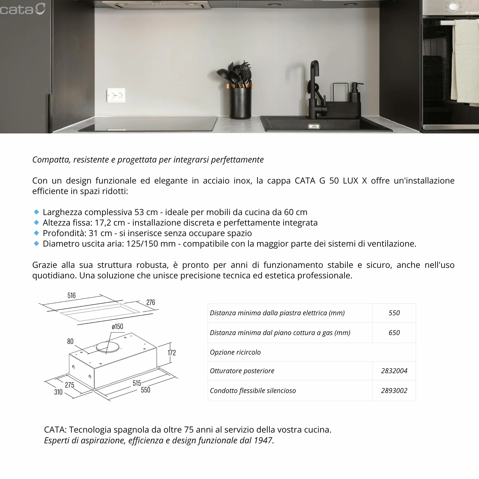 Campana Extractora Cata G50 LUX X 50 cm Acero Inoxidable 3 Niveles Motor Silencioso Clase C