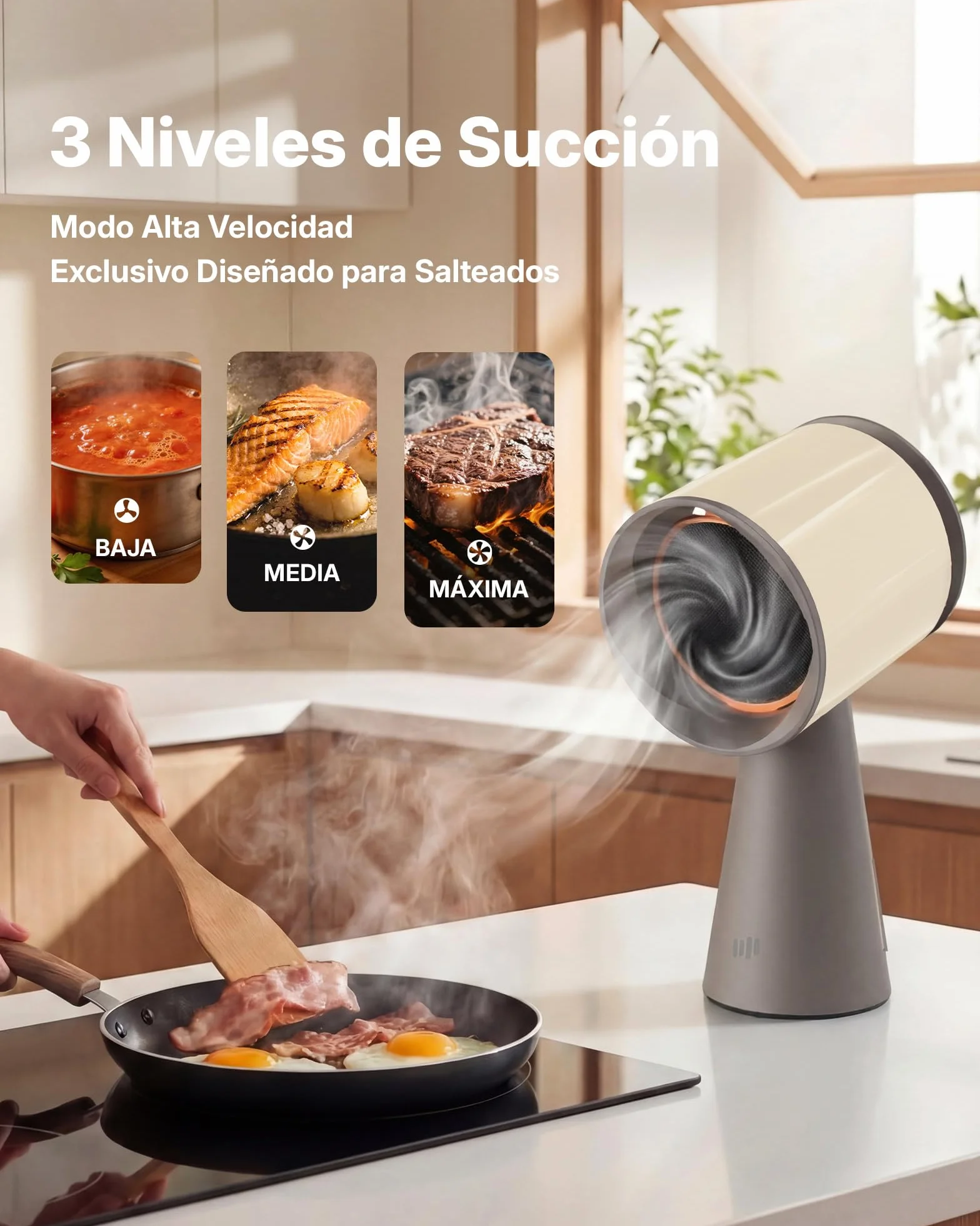 Upstreman Campana Extractora Portátil de Mesa con 3 Velocidades, Bajo Ruido, Recipiente Grande para Aceite y Filtro de Carbón de Aluminio Extraíble, Beige