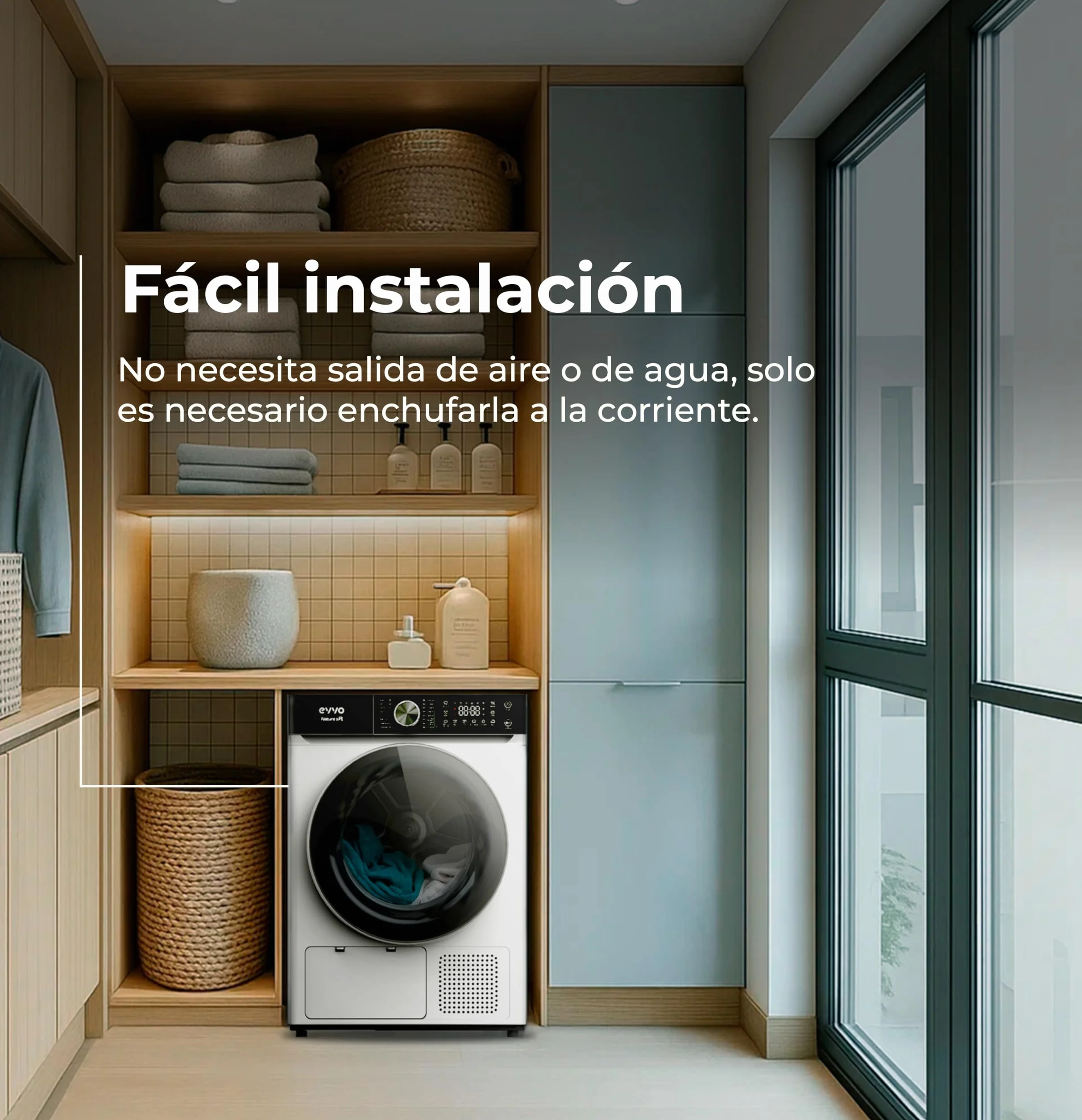 EVVO Secadora Bomba de Calor NATURE SR - Capacidad 10 Kg, Bomba Calor, Efic. Energética E, Secadora Condensación, Sensor Humedad, Antiarrugas, Inicio Diferido, 16 Programas, Bajo Consumo (Blanca)