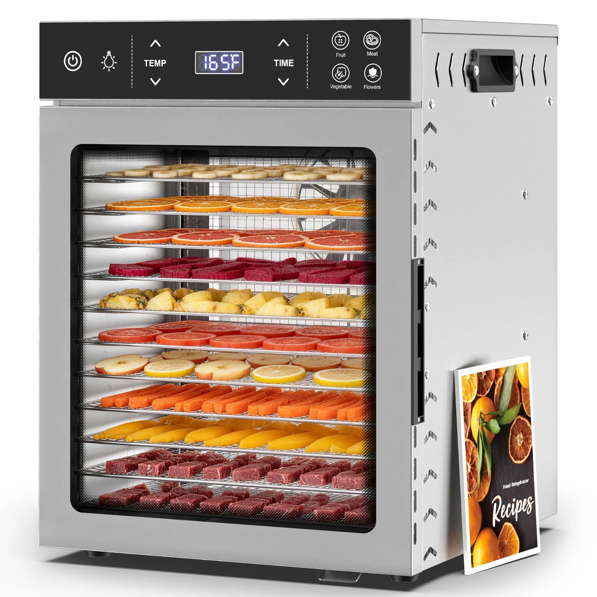 Suteck Secador de alimentos con 12 cuencos, 800 W con cuencos de acero inoxidable, ventiladores dobles y flujo de aire de 360°, control digital de temperatura y