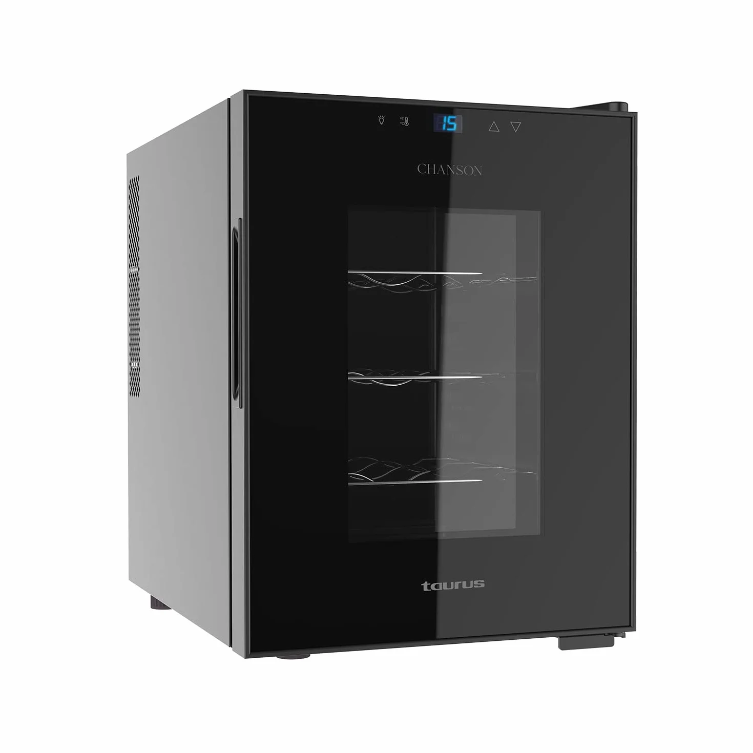 Taurus WC12T - Vinoteca termoeléctrica para 12 botellas, silenciosa, no vibra, aislamiento especial del interior, puerta de vidrio, temperatura regulable con panel táctil, suave luz interior, negro