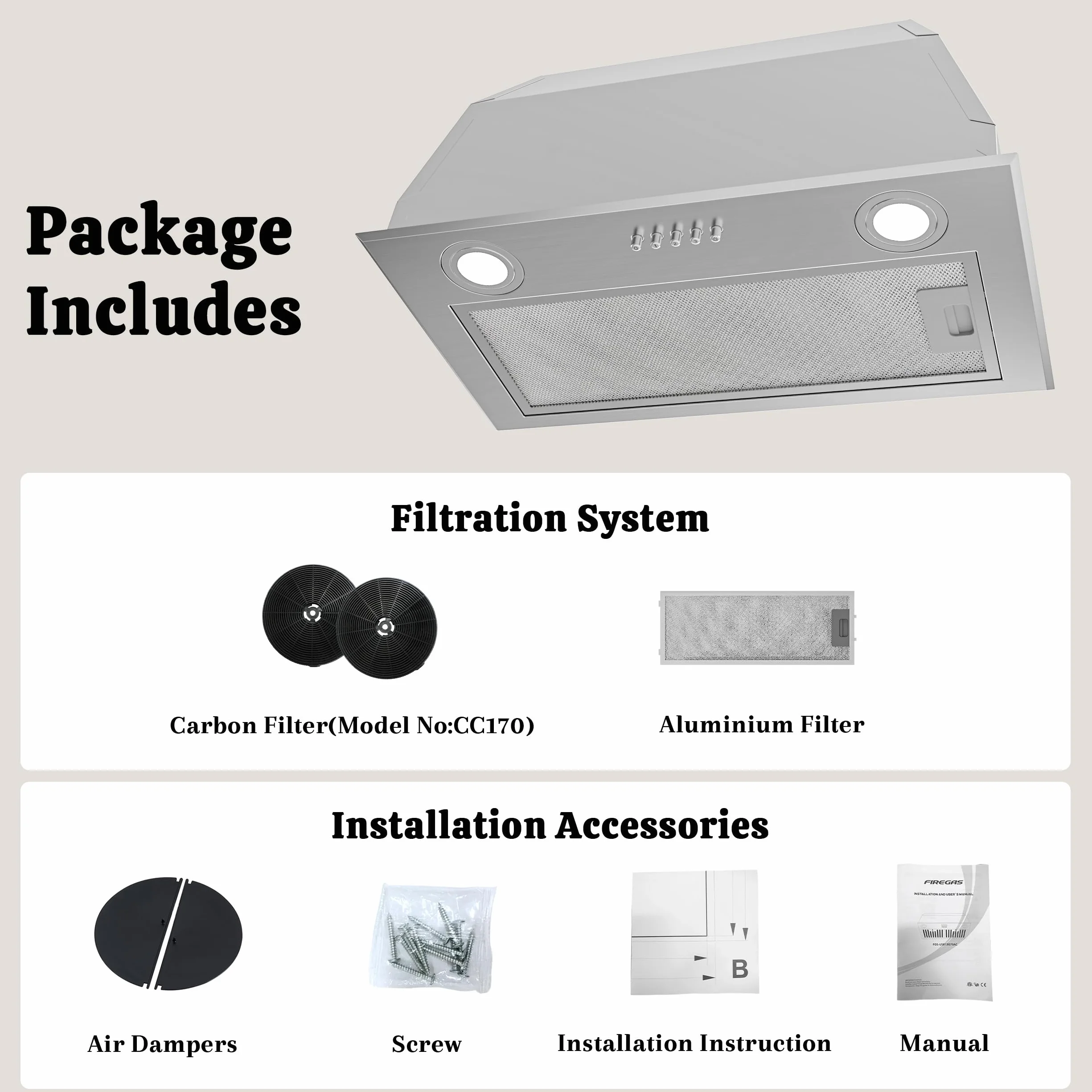 FIREGAS Campana Extractora Empotrable 52cm, 590m³/h, 3 Velocidades, 2 LED, con Filtro Aluminio y Filtro Carbón Activado, Instalación Fácil, Acero Inoxidable