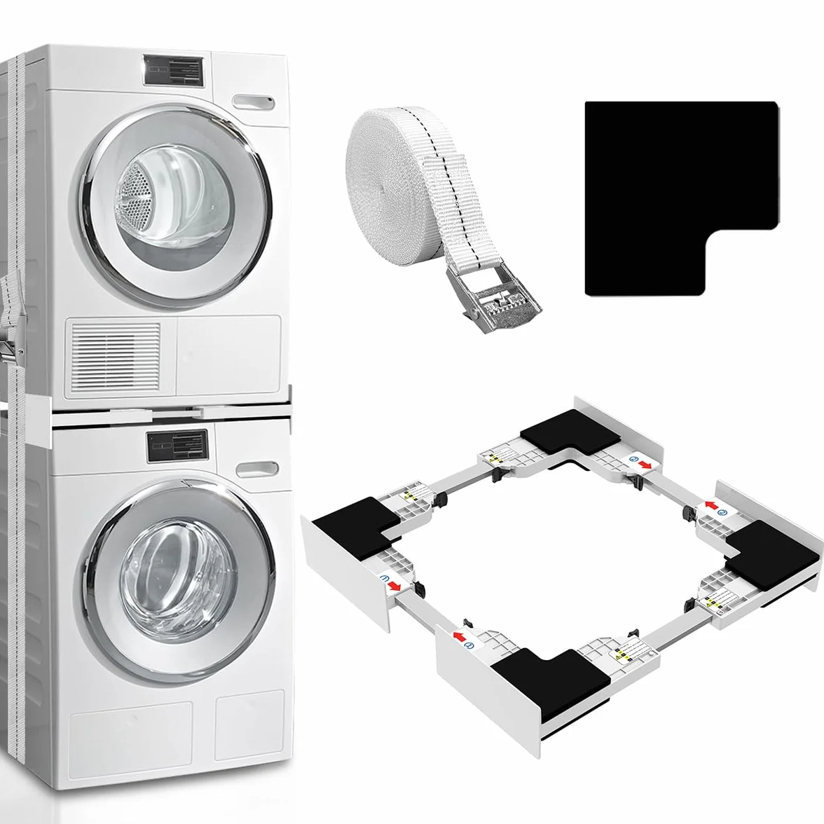 Kiss Core Nuevo Marco de conexión para lavadoras/secadoras, Marco de instalación Universal para Lavadora Secadora con Cuerda de trinquete Blanca, 46-66 cm