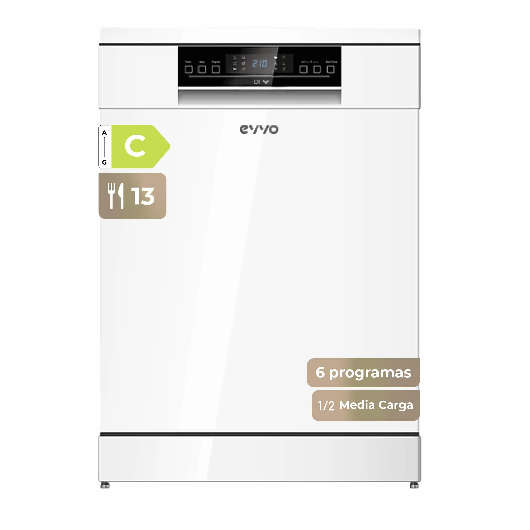 Lavavajillas EVVO D1Y - 60 cm, 13 Servicios, Clase Energética C, 6 Programas, Funcionamiento Silencioso, Apertura Automática, Media Carga, Inicio Diferido 24h, Bloqueo Infantil