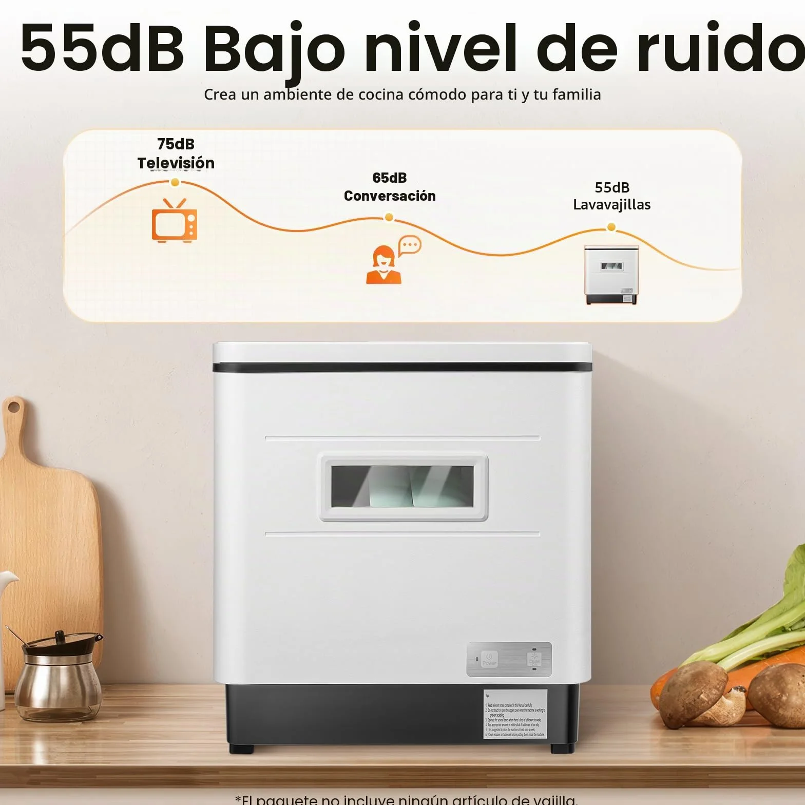 Mini lavavajillas de mesa blanco, 6 juegos de vajilla de capacidad, 55 dB silencioso, compacto con programa rápido y modo ECO, sin montaje, ideal para cocina/autocaravana