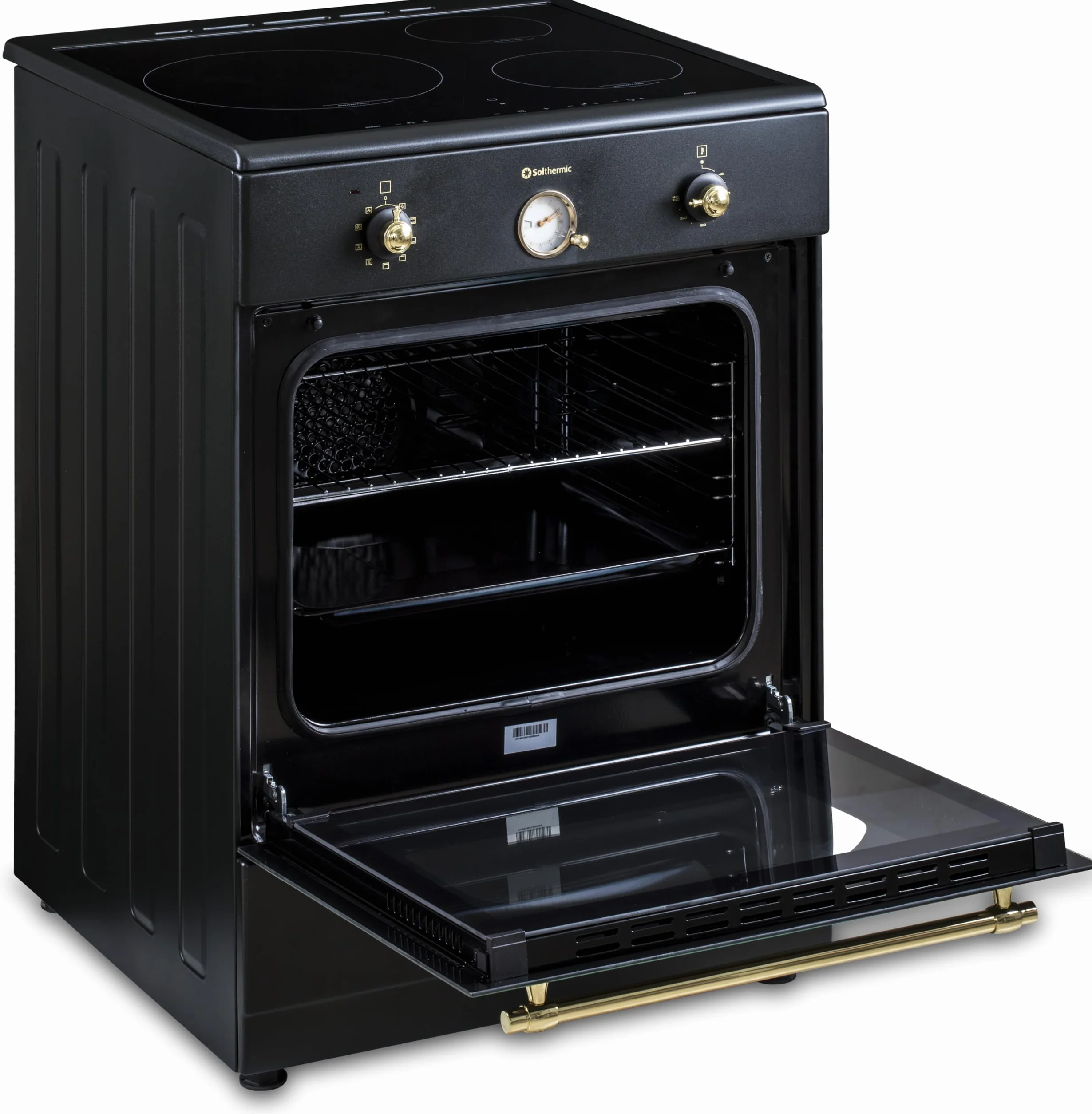 INDUCCION COCINA SOLTHERMIC 60x60 VTI60 NEGRA ACABADOS DORADOS/HORNO GRAN CAPACIDAD CON TURBO 60L / FUNCIONES BOOSTER, ALTA POTENCIA, CALENTAMIENTO RÁPIDO / 3 ZONAS (1 GRAN ZONA) / BAJO CONSUMO (A)