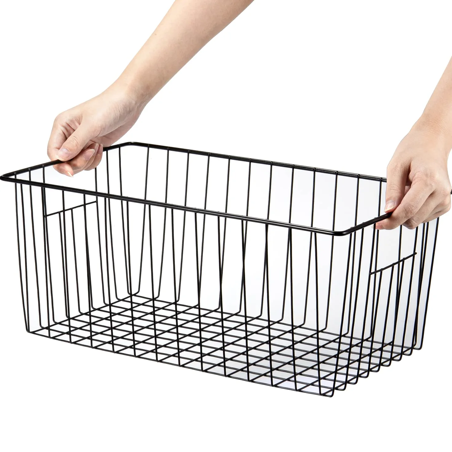 Canastas organizadoras de almacenamiento para congelador, 16 pulgadas de largo x 12 pulgadas de ancho, contenedor vertical de alambre de metal profundo con asas integradas para gabinete,