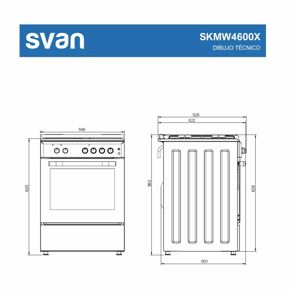 Svan Cocina Mixta gas Butano 4 Zonas Inox SKMW4600X. Quemador WOK triple llama, Kit Conversión Gas Natural, Acabado en Inox