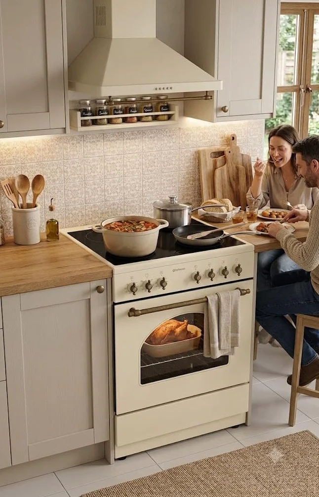 COCINA VITROCERÁMICA CREMA XL CON HORNO ELECTRICO 60 CM ANCHO SOLTHERMIC CREMA RÚSTICA ACABADOS DORADOS/, 4 FUEGOS/HORNO ELECTRICO