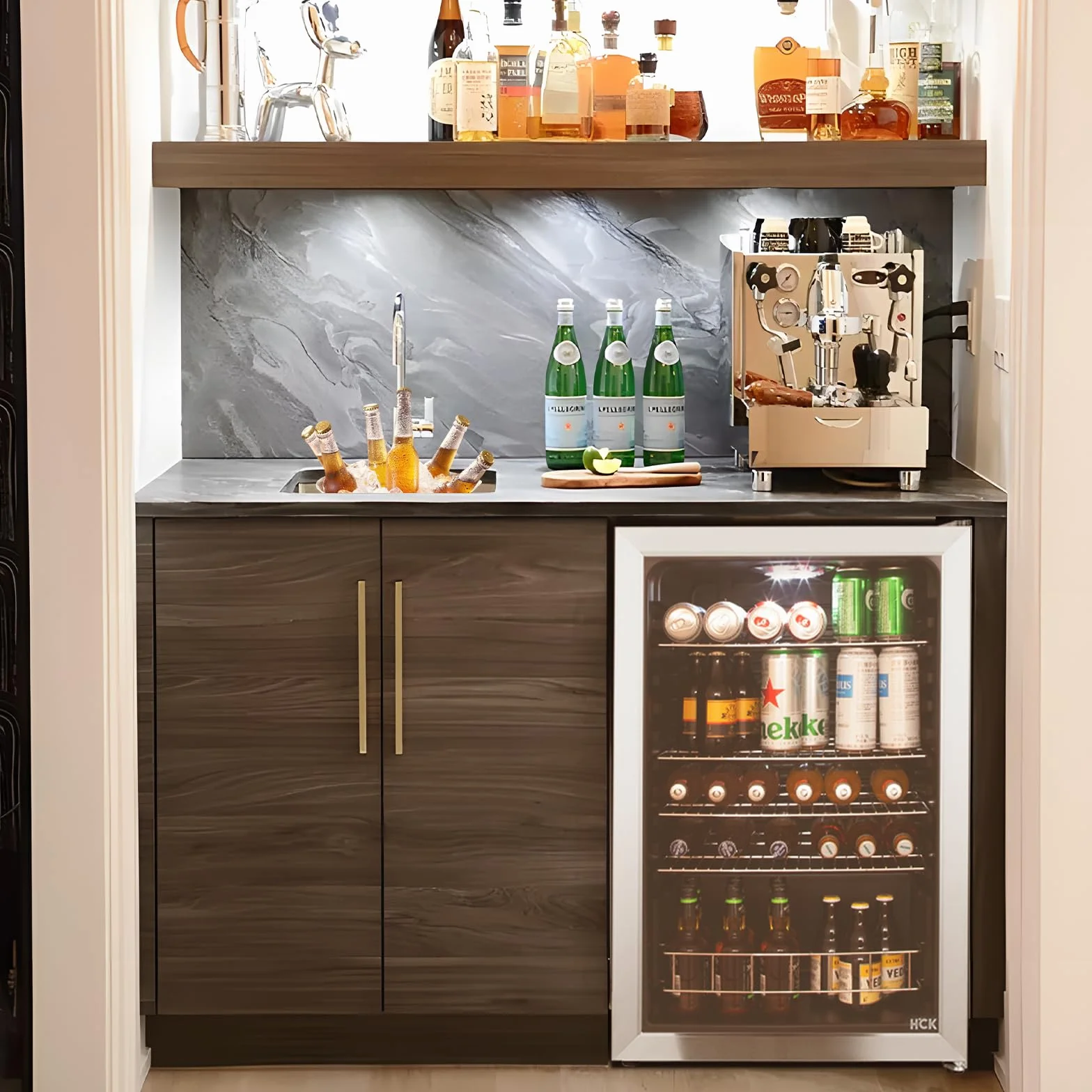 HCK Refrigerador de Bebidas Independiente de 115L con Puerta de Vidrio Doble, Temperatura Ajustable de 0-10℃, 4 Estantes Removibles para Cerveza y Bebidas