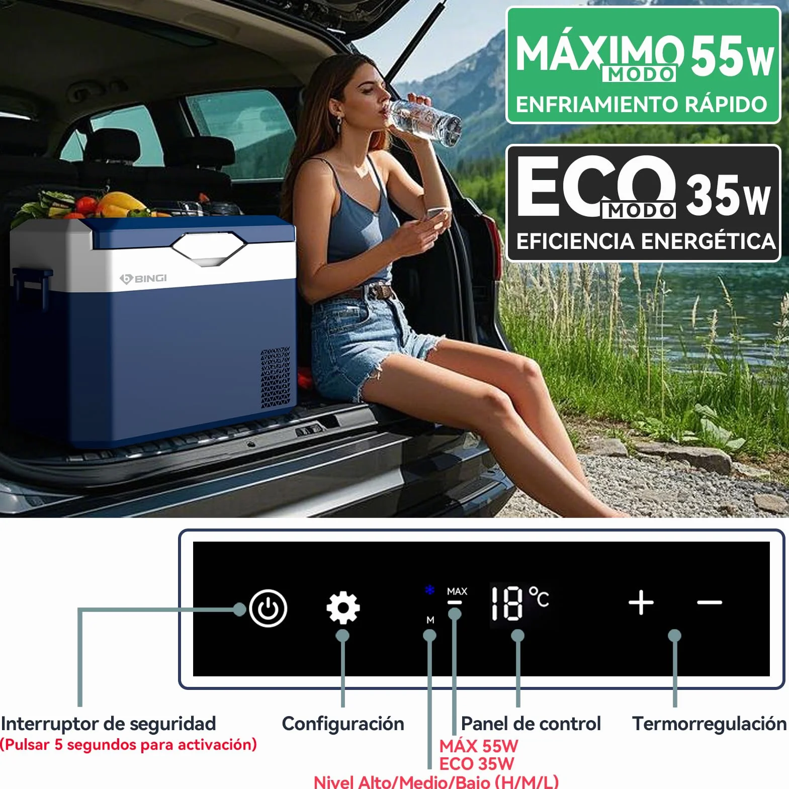 BINGI Nevera Portátil Eléctrica 30L,Nevera y Congelador Compresor Portátil,Refrigerador de Coche 12V/24V,mini frigorífico CA 220v Para Hogar,Conducción,Camping,Viajes,Barco,-18ºC a 15ºC