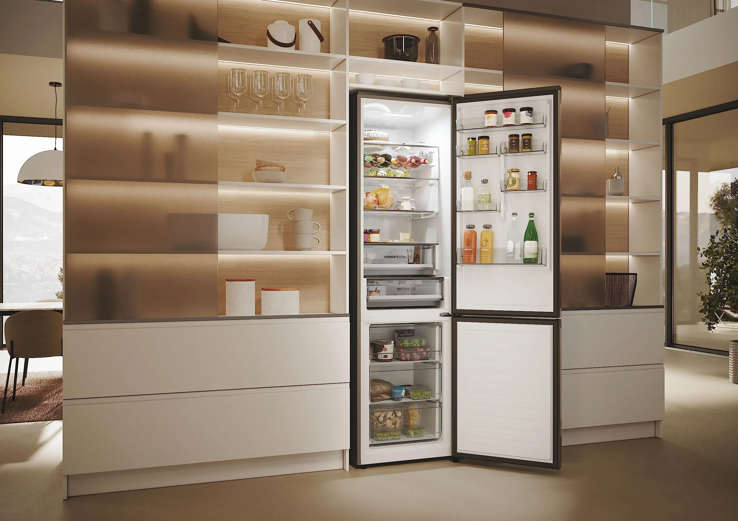Haier 2D 60 Series 5 Pro HDPW5620ANPD Frigorífico Combi, 409L, WIFI, Motor Inverter, My Zone, Cajón Humidity Zone, Total No Frost, Ancho 59,5cm, Botellero Plegable, Luz LED, Inox oscuro