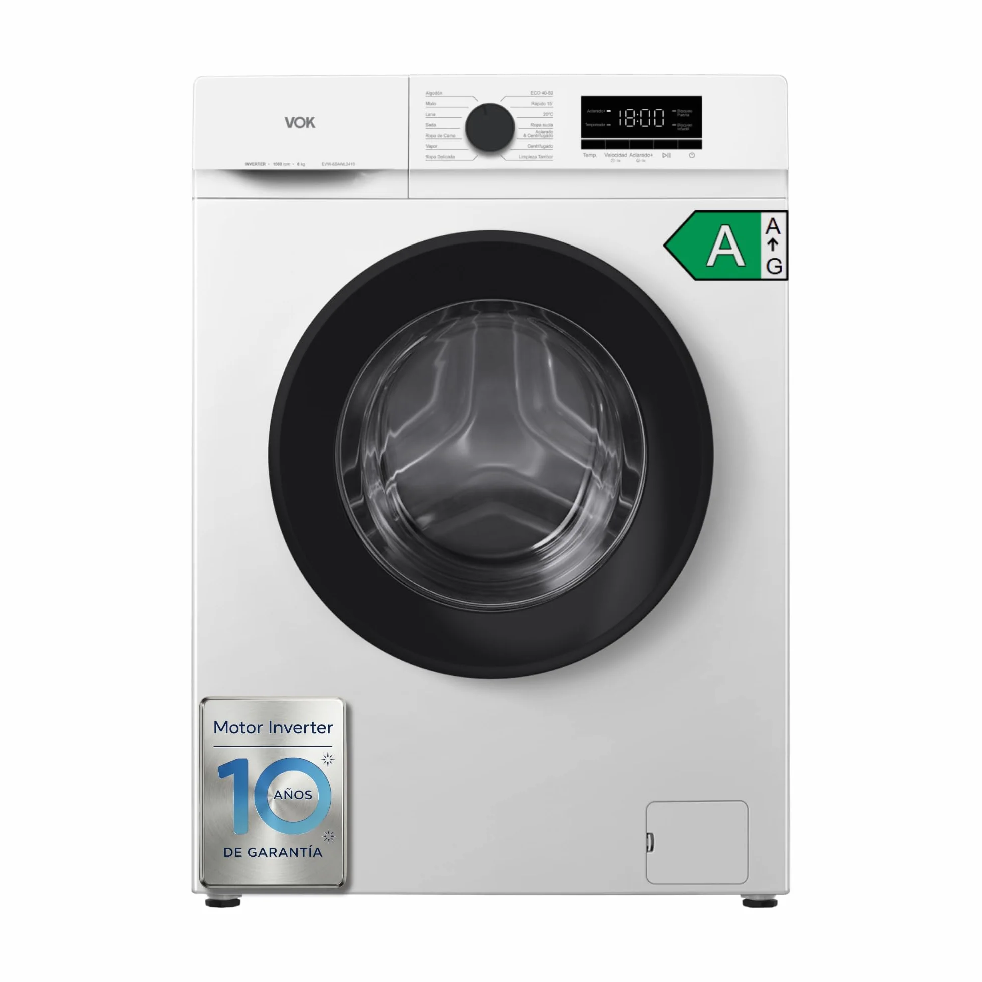 Lavadora VOK EVW-6BAWL2410 6kg 1000 RPM Motor Inverter Clase A Fondo Reducido 42cm Blanca