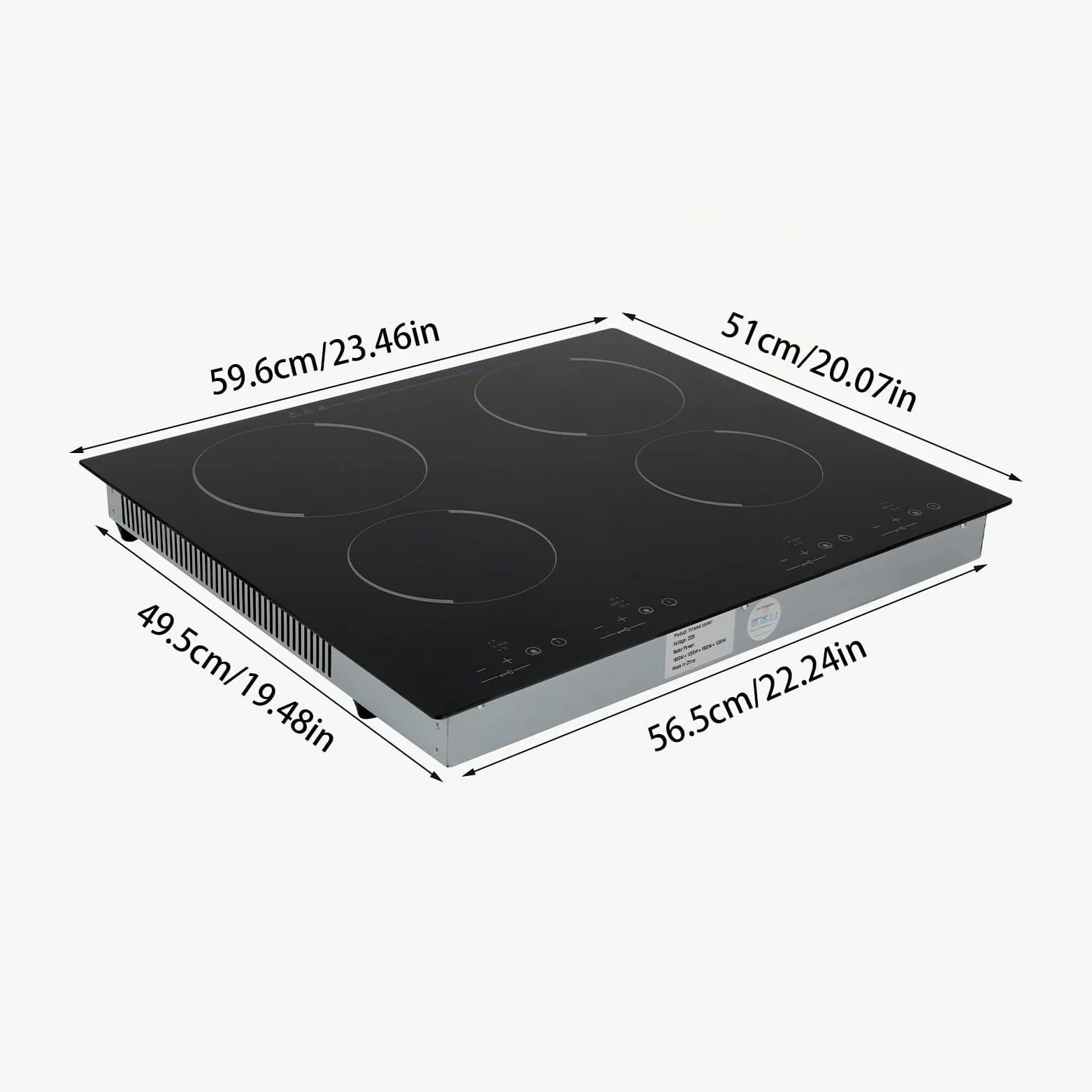Placa vitrocerámica de 4 zonas, 6000 W, 60 cm de inducción, con sensor táctil de control, placa de cocción empotrable, sin marco, para teteras, ollas de aluminio, ollas de cristal, etc.
