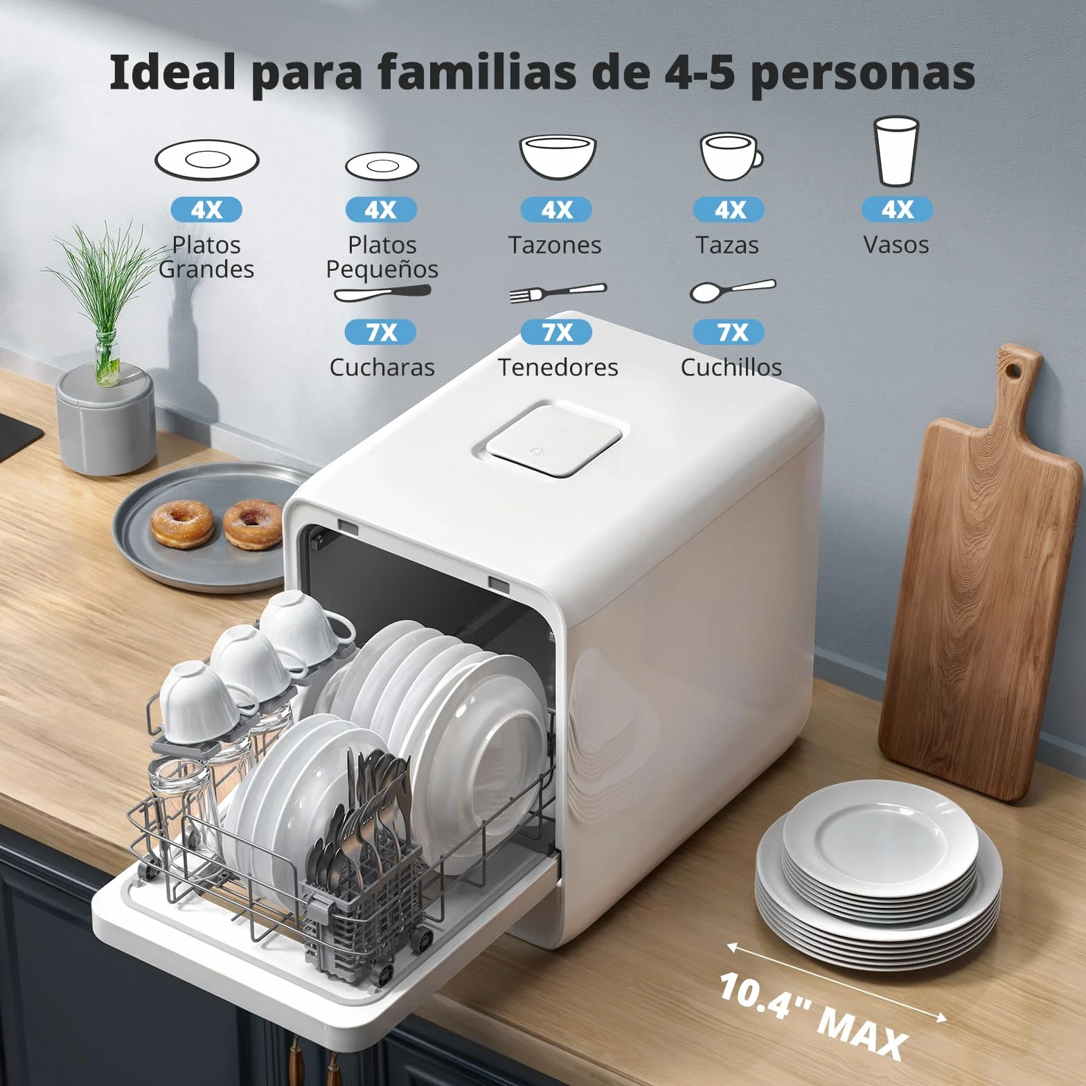 AIRMSEN Lavavajillas de Encimera Mini Lavavajillas con Tanque de 5L, 7+2 Programas Diseño Ultra Estrecho (37x50cm) y Gran Profundidad Lavavajillas Compacto Rociado Dual 360° Blanco (Blanco)