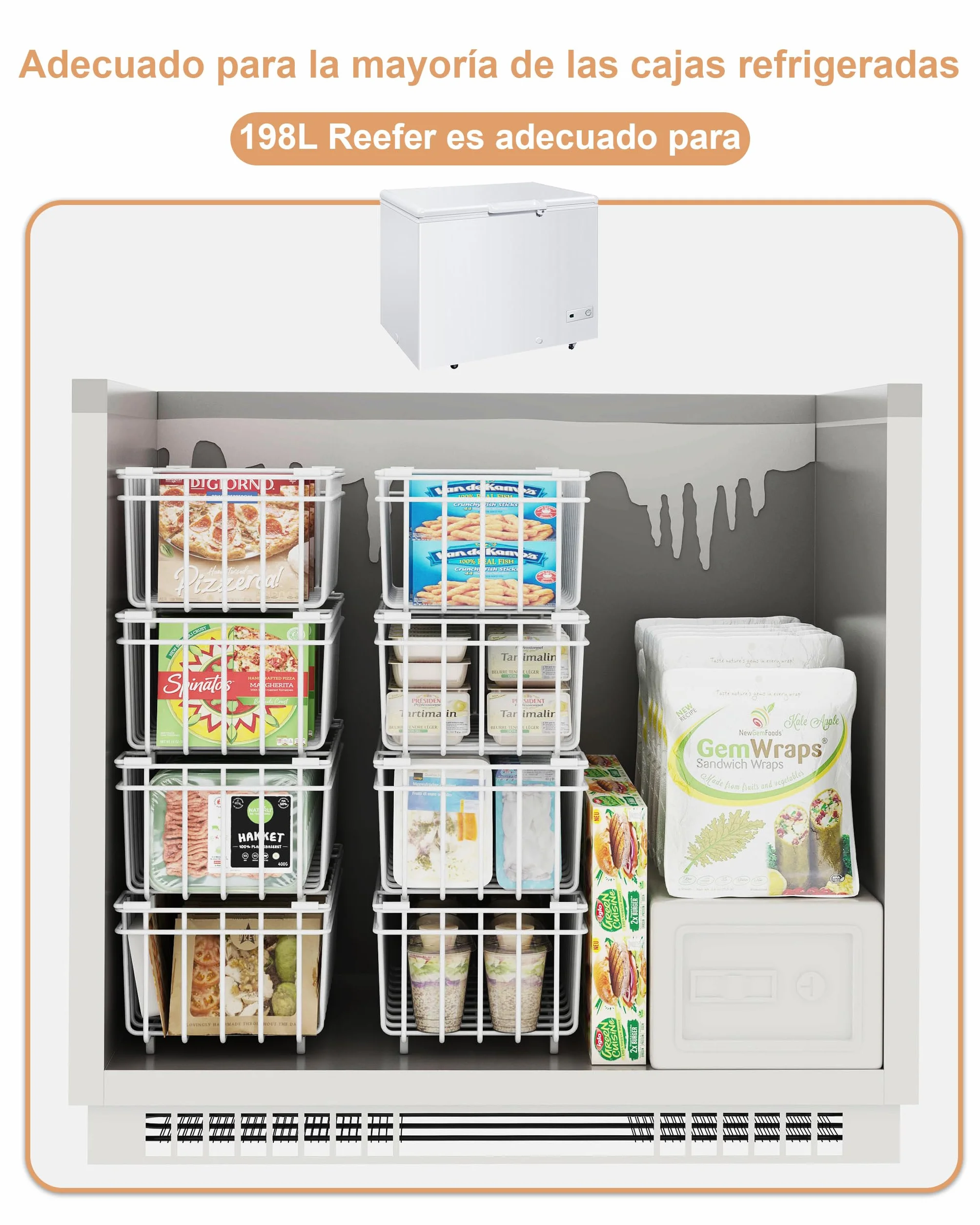 UMDONX Cesta para Congelador de 4 piezas blanco - Cestas apilables para congelador con asa, fácil acceso, para congelador de 198L, organizar ingredientes congelados (37x18x15cm)