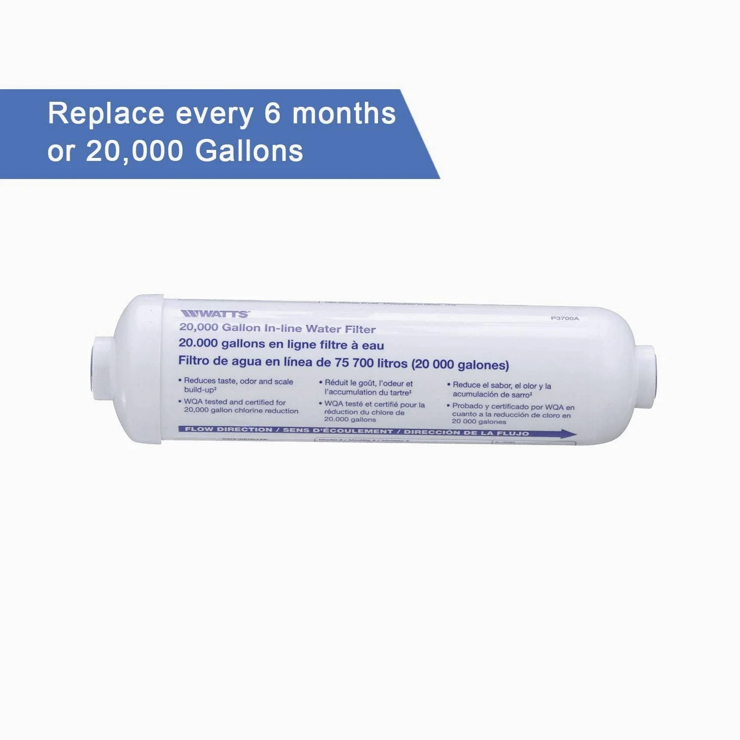 Watts - Filtro de agua en línea de 20.000 galones de capacidad, filtro en línea para refrigerador, máquina de hielo, debajo del fregadero, y reduce el mal sabor, olores, cloro y sedimentos en agua