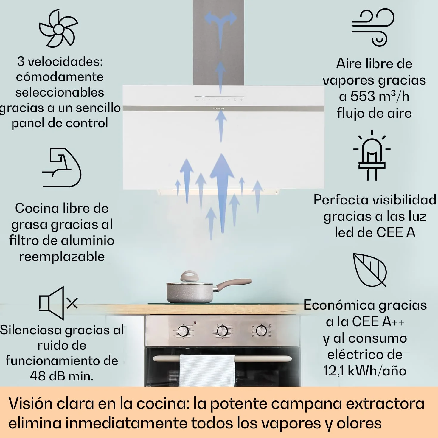 Klarstein Campana Extractora 90 cm, Campanas Extractoras, Extractor de Cocina con Filtro Anti Grasa, loT/Wi-Fi, Luces RGB LED, Flujo de Aire 514m³/h, Campana Bajo Consumo Silenciosa de Clase A++