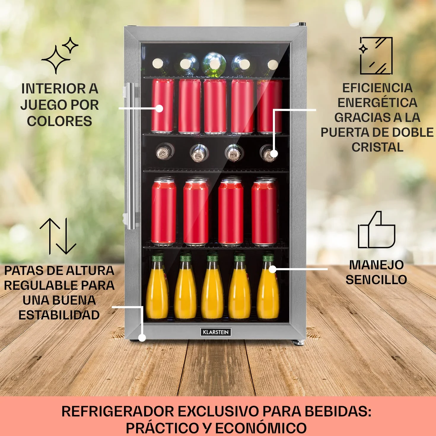 KLARSTEIN Nevera Pequeña Puerta Cristal Habitaciones, Nevera Portatil Electrica, Mini Nevera Pequeña para Bebidas, Frigorificos Pequeños 98L, Mini Frigorifico con Estantes, Neveras Pequeñas