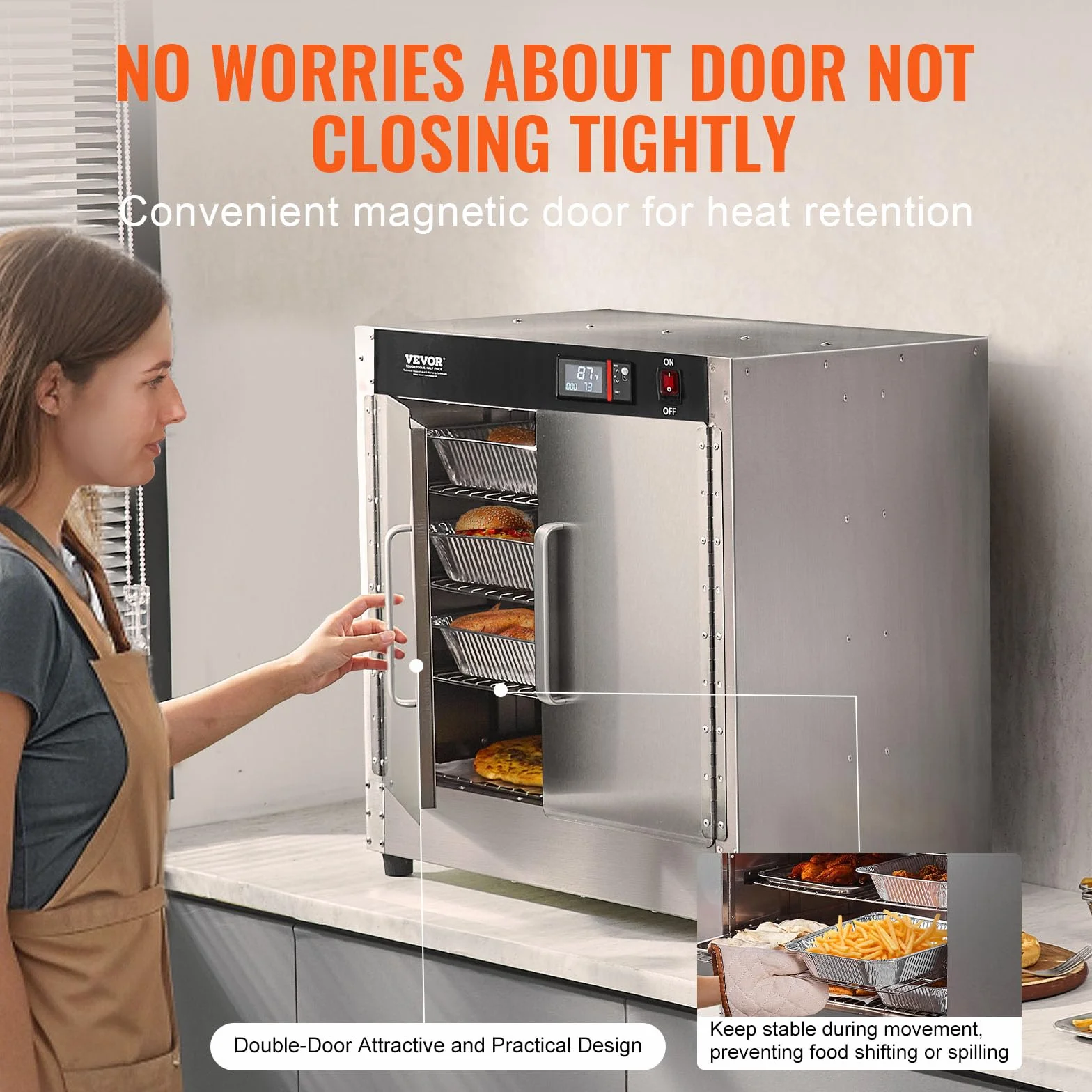 VEVOR Calentador de Alimentos Tipo Caja Caliente, 4 Niveles con Bandeja de Agua, 4 Bandejas, Puerta Doble y Estantes Ajustables, Acero Inoxidable, Ideal para Almacenar Pizza, Pollo, Restaurante, 850 W