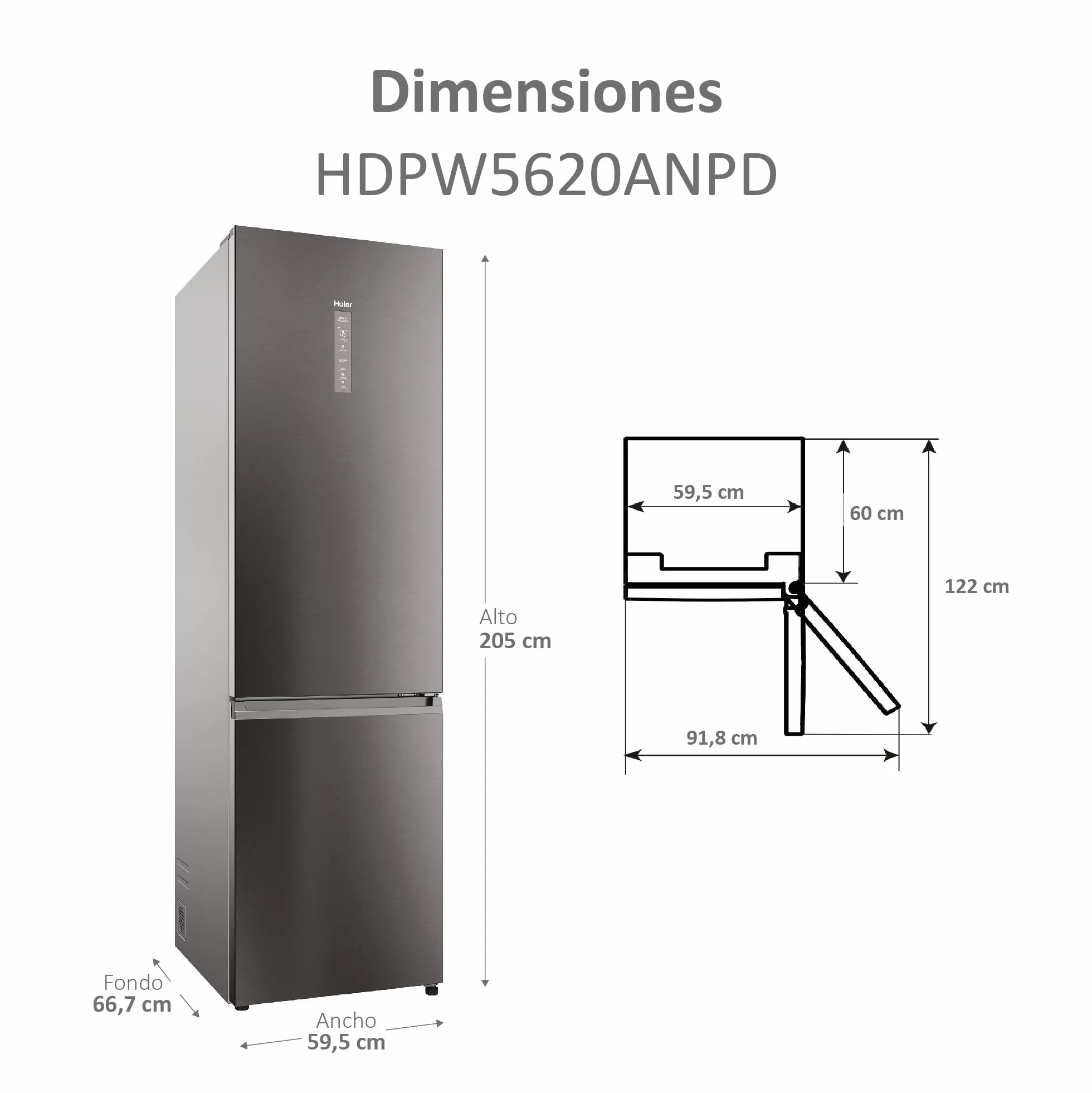 Haier 2D 60 Series 5 Pro HDPW5620ANPD Frigorífico Combi, 409L, WIFI, Motor Inverter, My Zone, Cajón Humidity Zone, Total No Frost, Ancho 59,5cm, Botellero Plegable, Luz LED, Inox oscuro