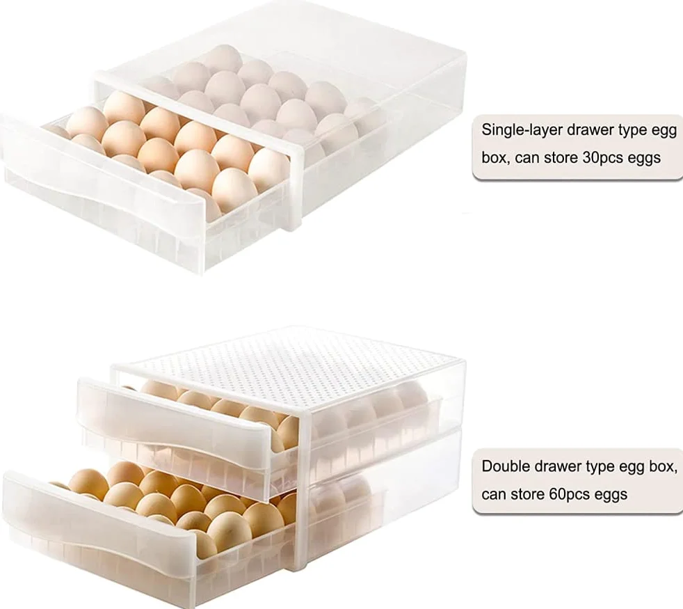 Bandeja de plástico para huevos, Caja for Huevos 60 Compartimentos Doble Cajón Apilable