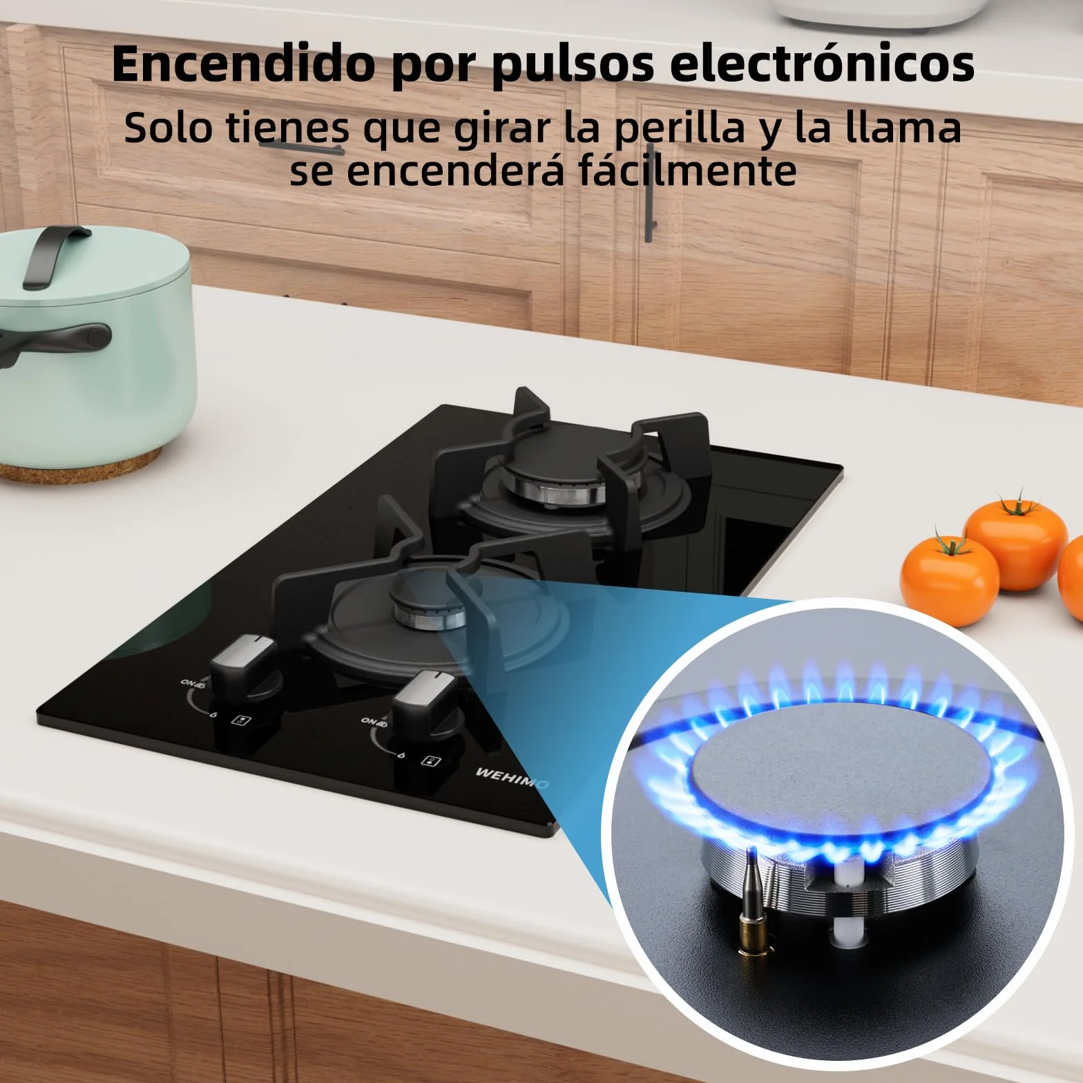 WEHIMO - Placa de cocina de gas de 2 fuegos, 2 fuegos empotrable, rejilla hierro fundido, 3700 W, gas ciudad y botella, cristal negro