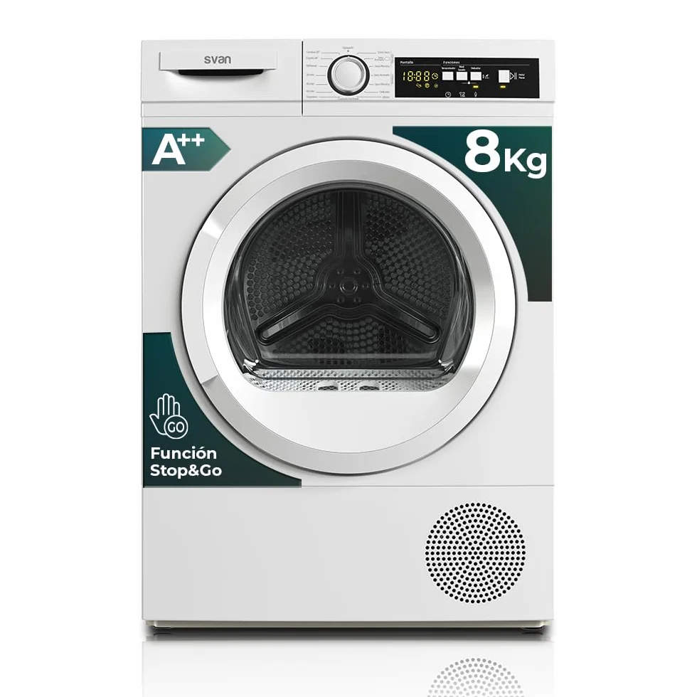 Svan Secadora de Bomba calor 8Kg Carga Frontal Blanco SSB800A2DB. 1000W, 15 Programas, Función Antiarrugas, Display LED manual, Eficiencia Energética Clase A++ [Clase de eficiencia energética A++]